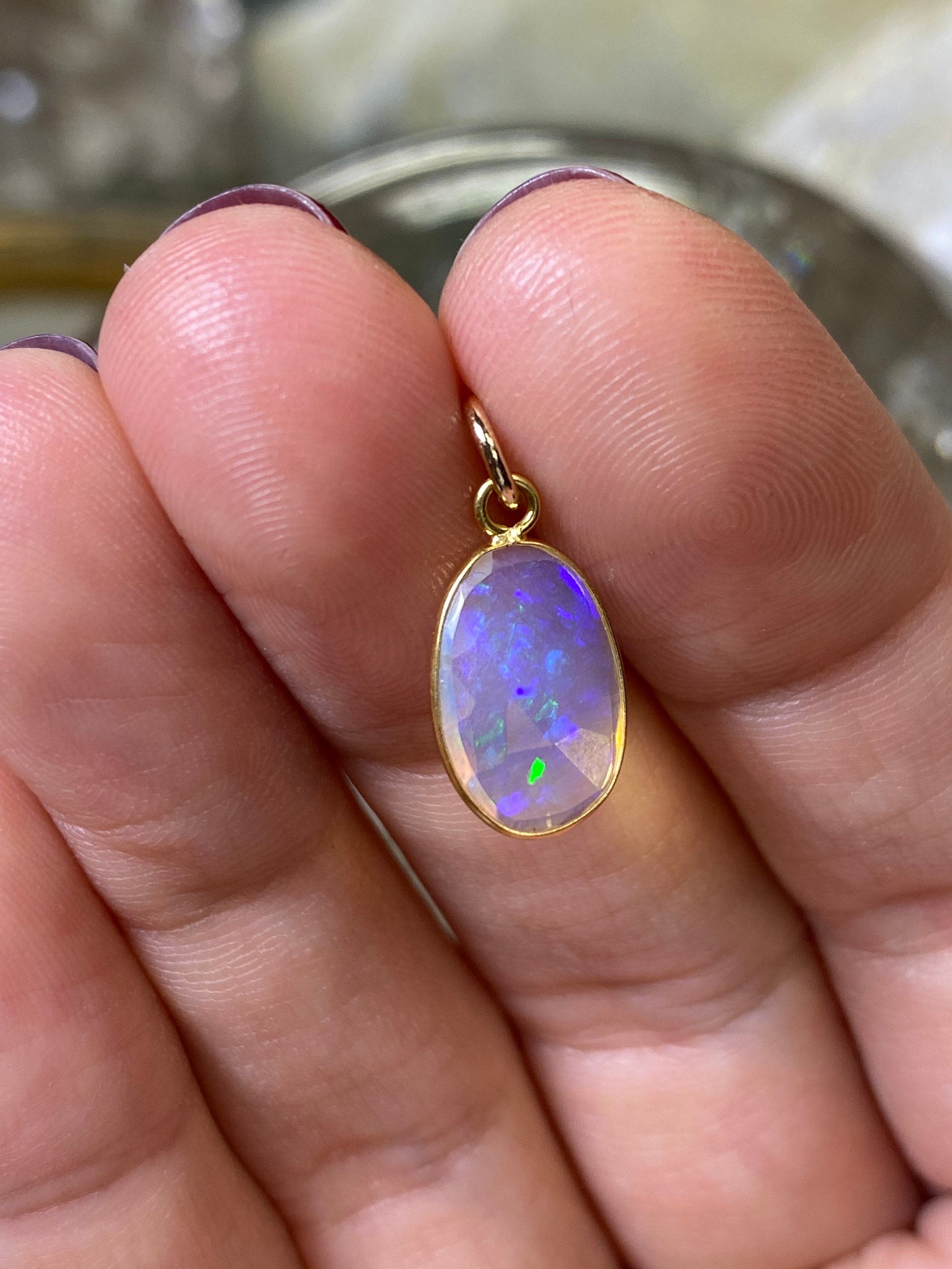 Opal Bezeled in Solid 14K Yellow Gold Pendant Charm 19x9mm