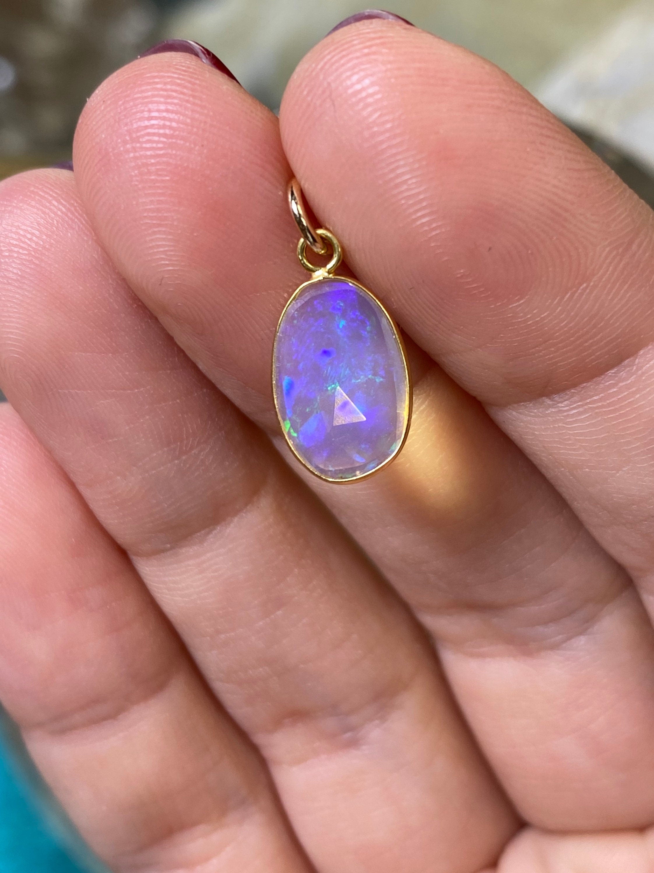 Opal Bezeled in Solid 14K Yellow Gold Pendant Charm 19x9mm