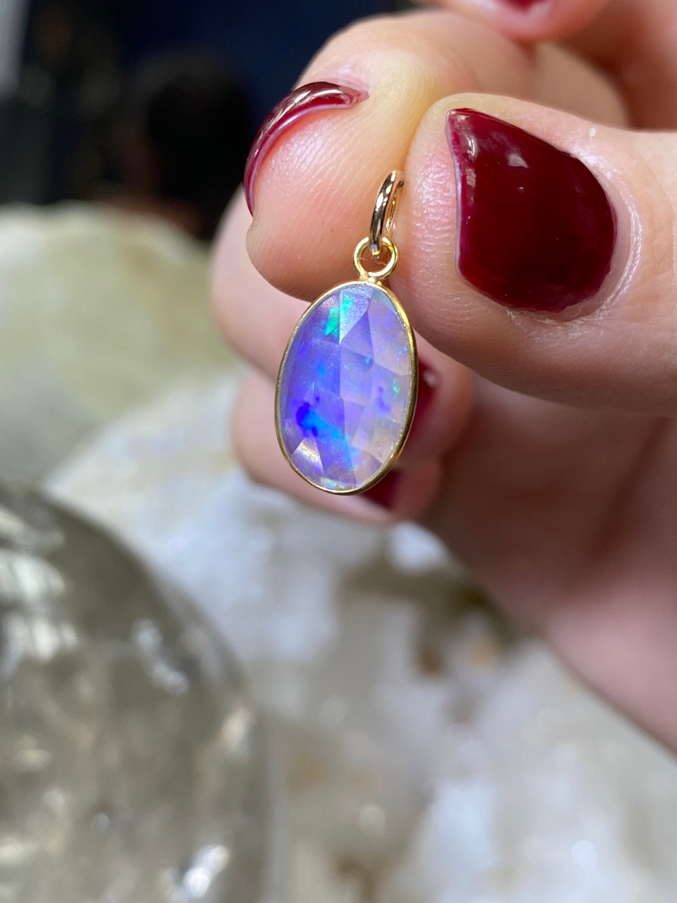 Opal Bezeled in Solid 14K Yellow Gold Pendant Charm 19x9mm