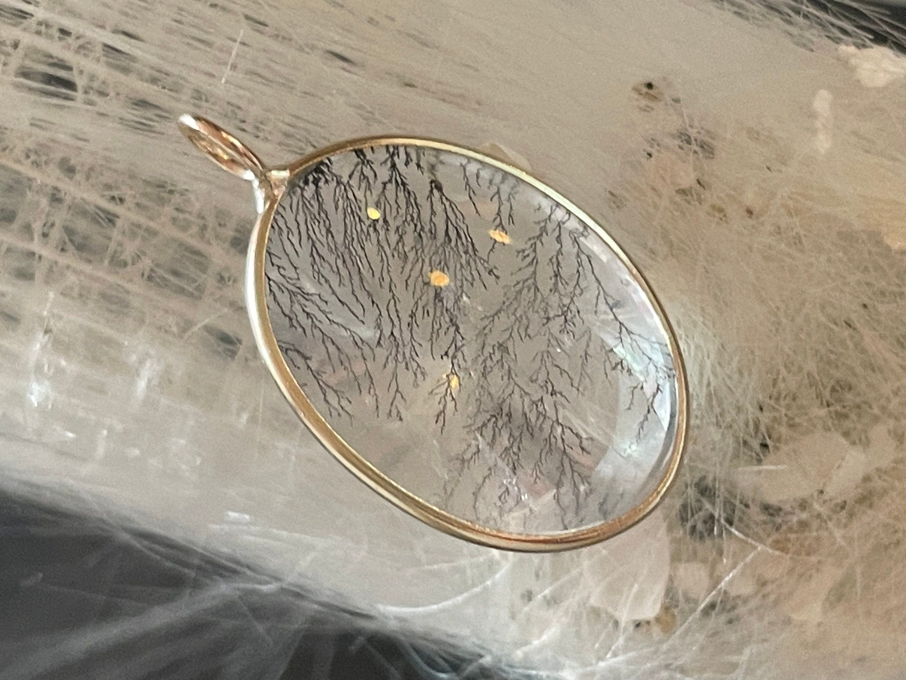 Unique Black and White Dendrite Agate in Solid 14K Yellow Gold Pendant Charm 27x24mm
