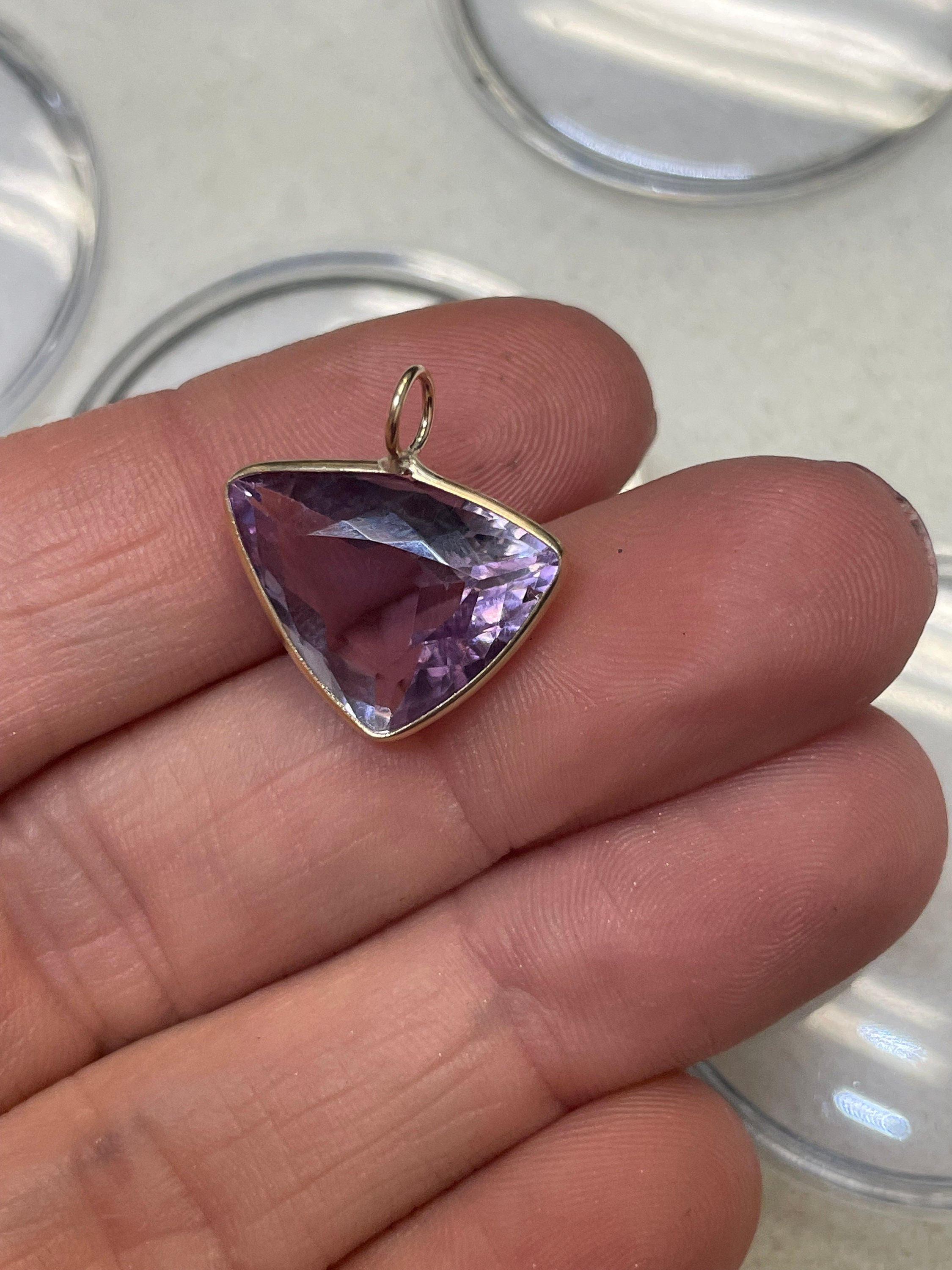 Unique 6CT Triangular Natural  Purple Amethyst Gem Charm in Solid 14K Yellow Gold 18x16mm