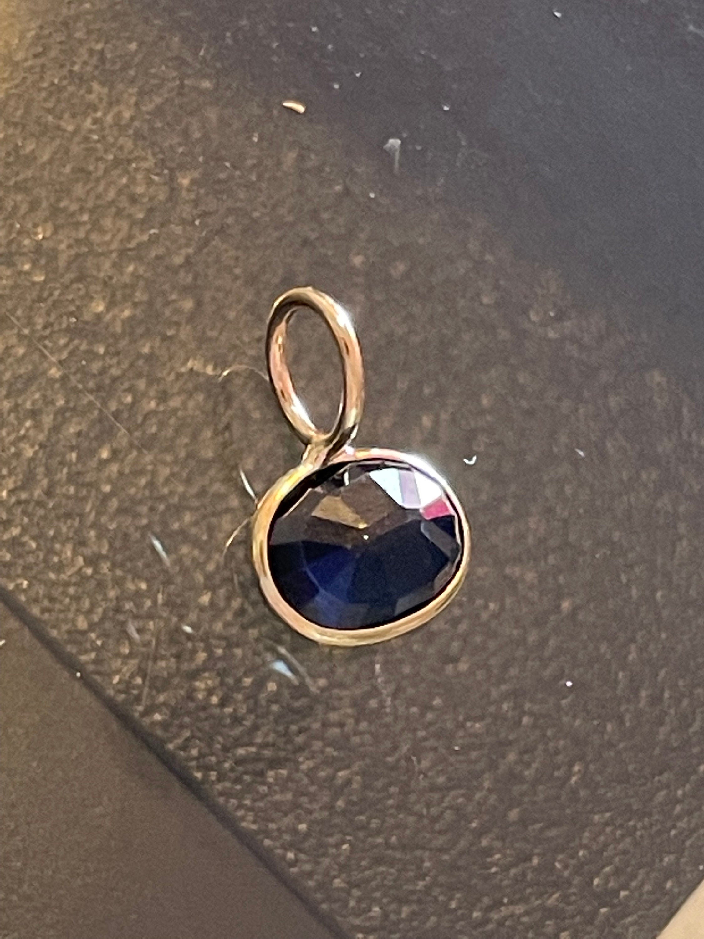 Natural Round Dark Blue Sapphire 1CT  14K Yellow Gold Bezeled Charm Pendant for Necklace 8x11mm