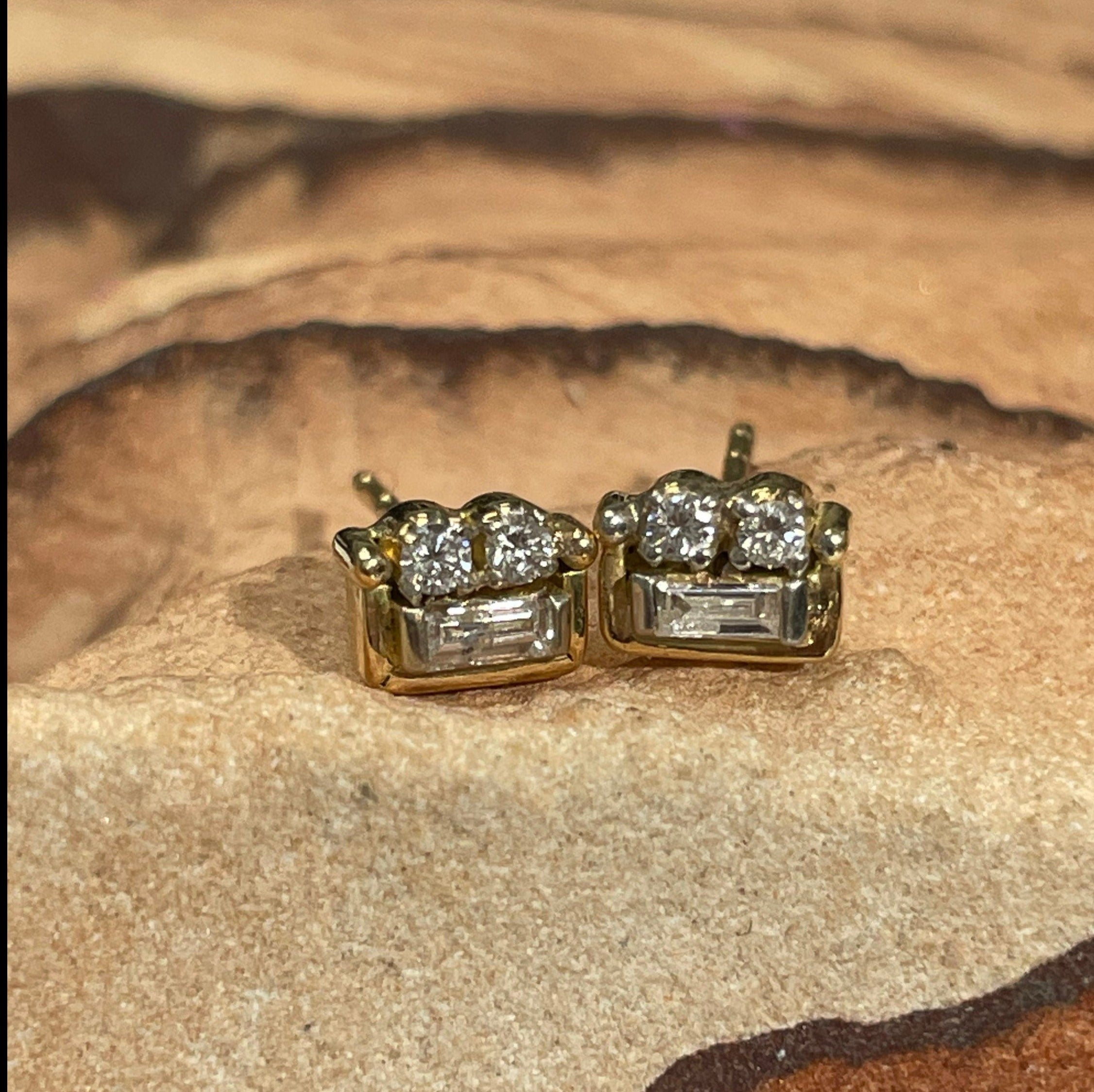 Super Cute and Unique Baguette and Round Diamond 14K Yellow Gold Stud Earrings