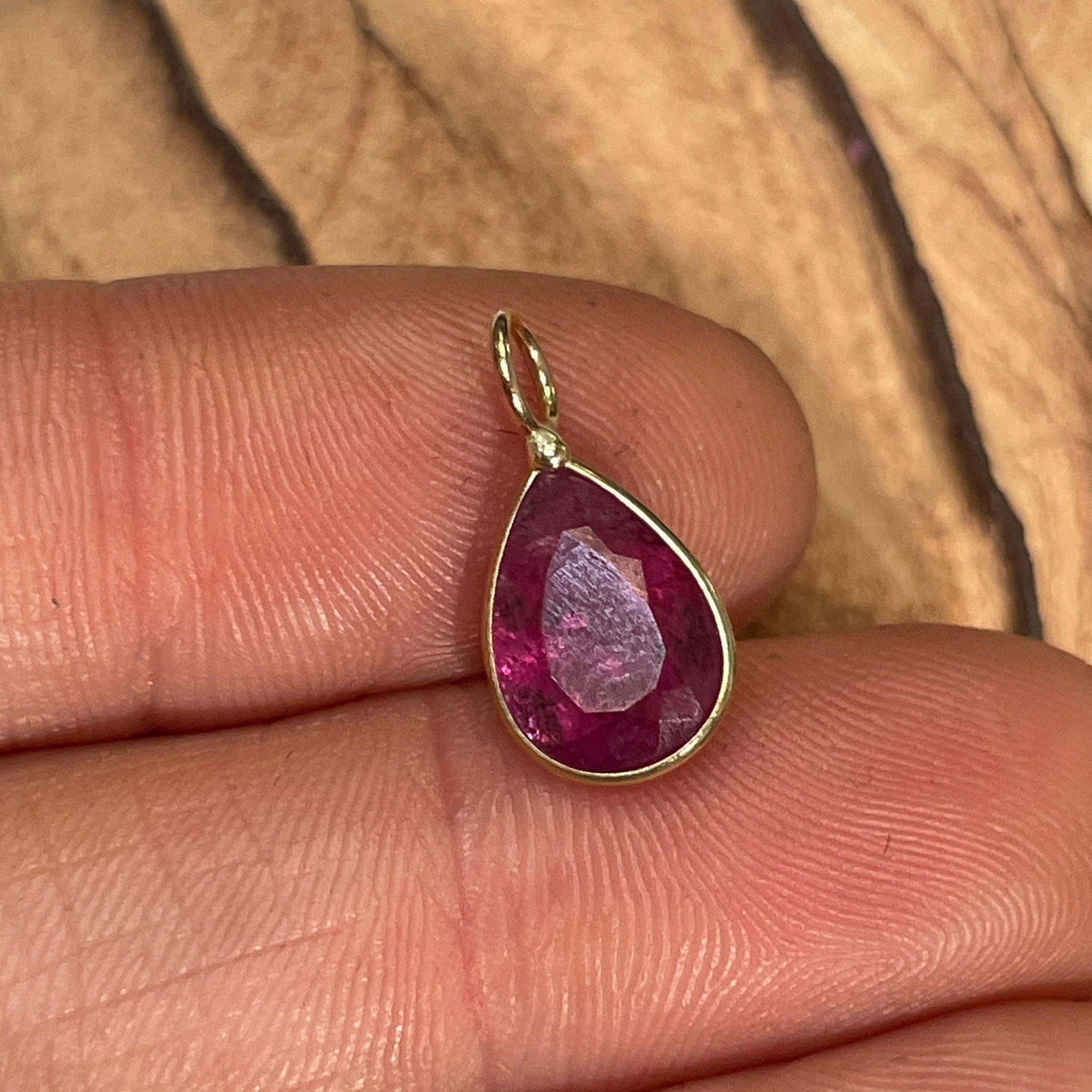 2CT Natural Dusty Fuschia Pink Tourmaline Pear Shape in Solid 14K Yellow Gold Pendant Charm 16x7mm