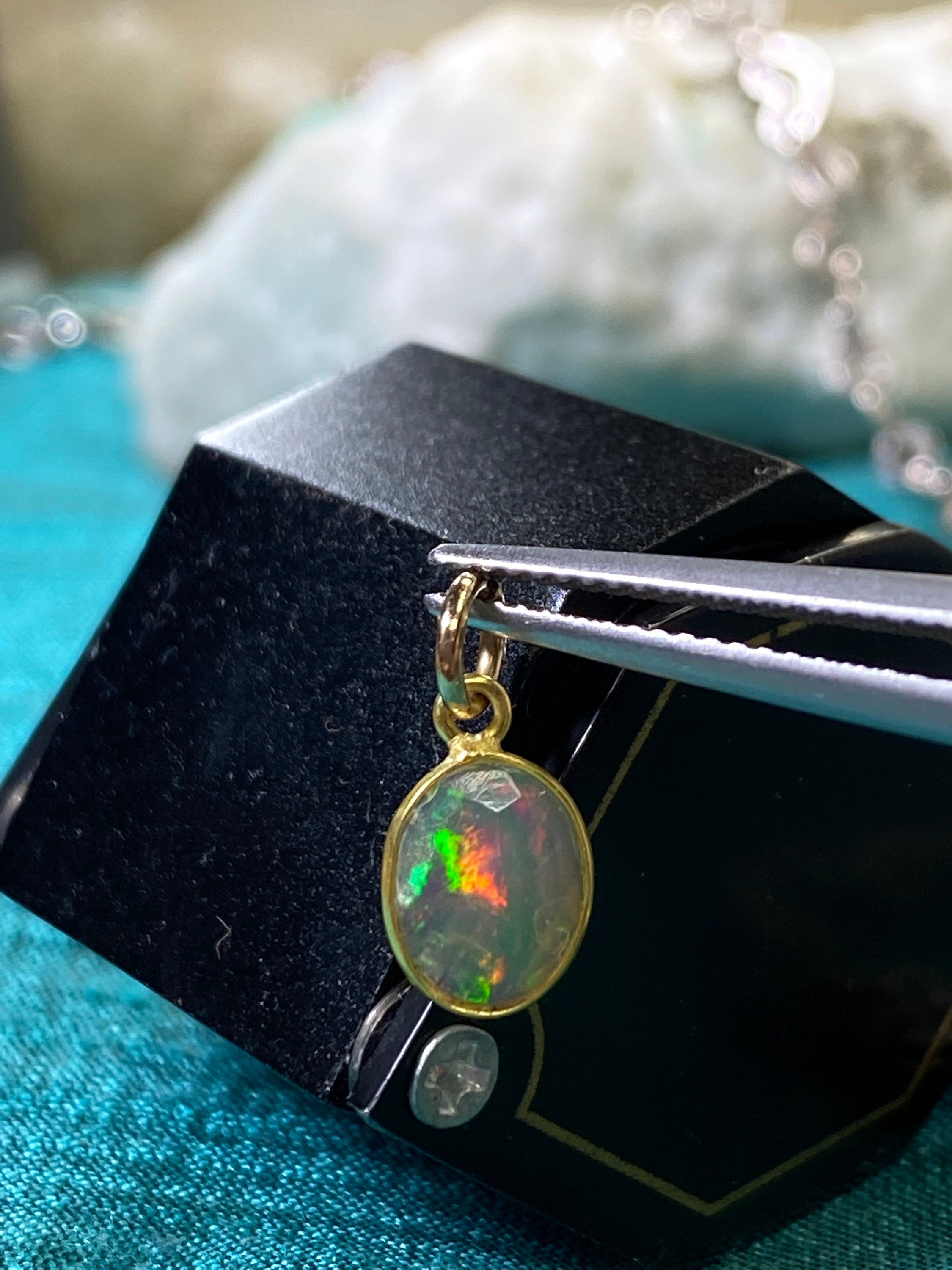 Shimmering Oval Water Opal Bezeled in Solid 14K Yellow Gold Pendant Charm 14x7mm