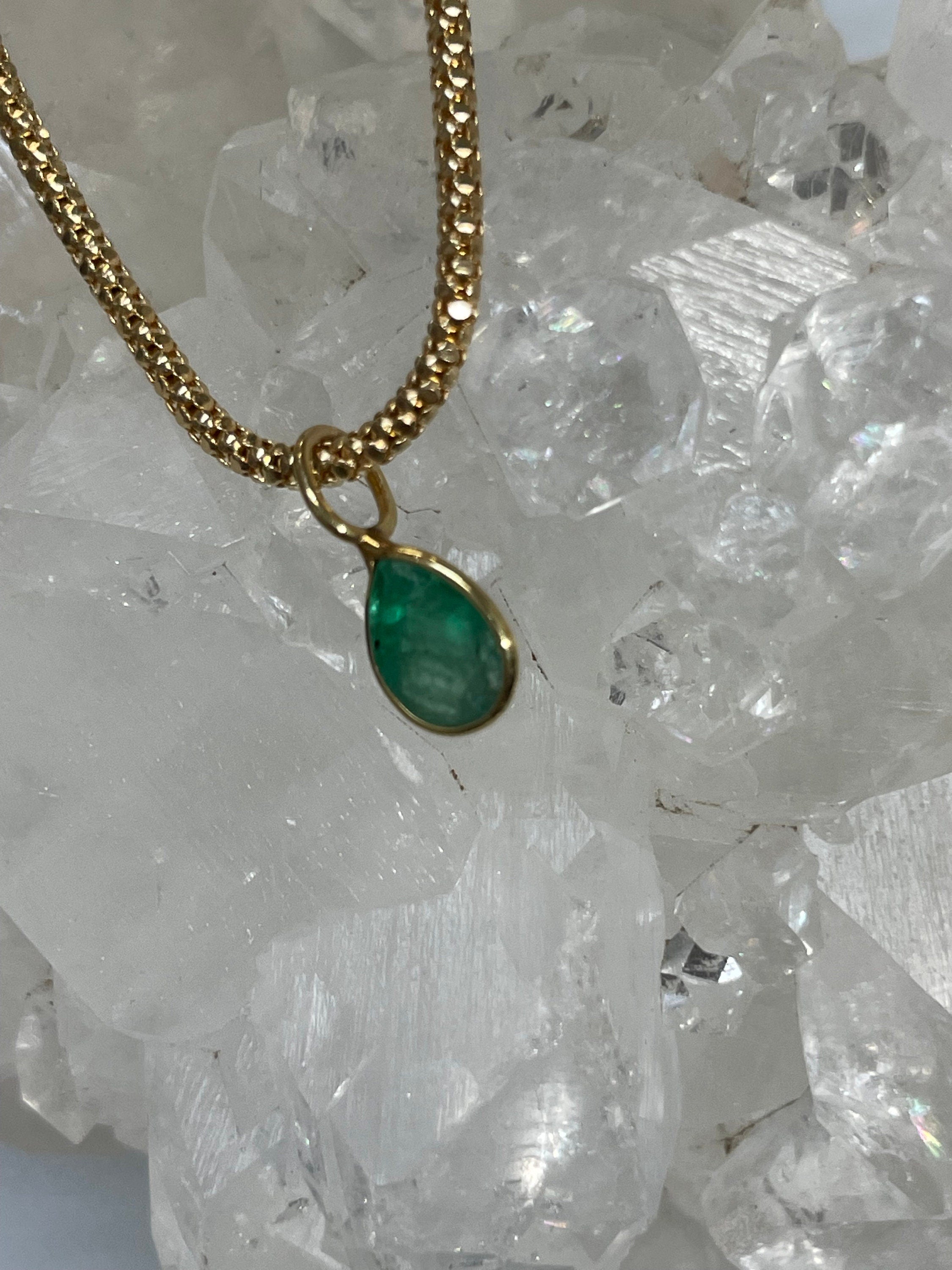 Shimmering! .65CT Natural Colombian Emerald 14K Yellow Gold Bezeled Charm Pendant OOAK 12x5mm