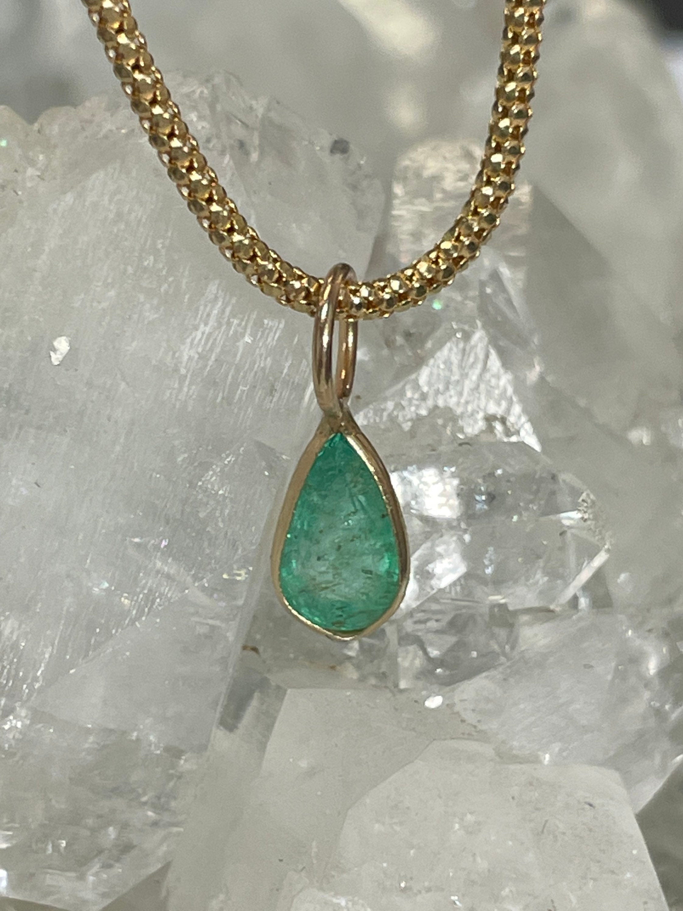Shimmering! 1CT Natural Colombian Emerald 14K Yellow Gold Bezeled Charm Pendant OOAK 15X5mm