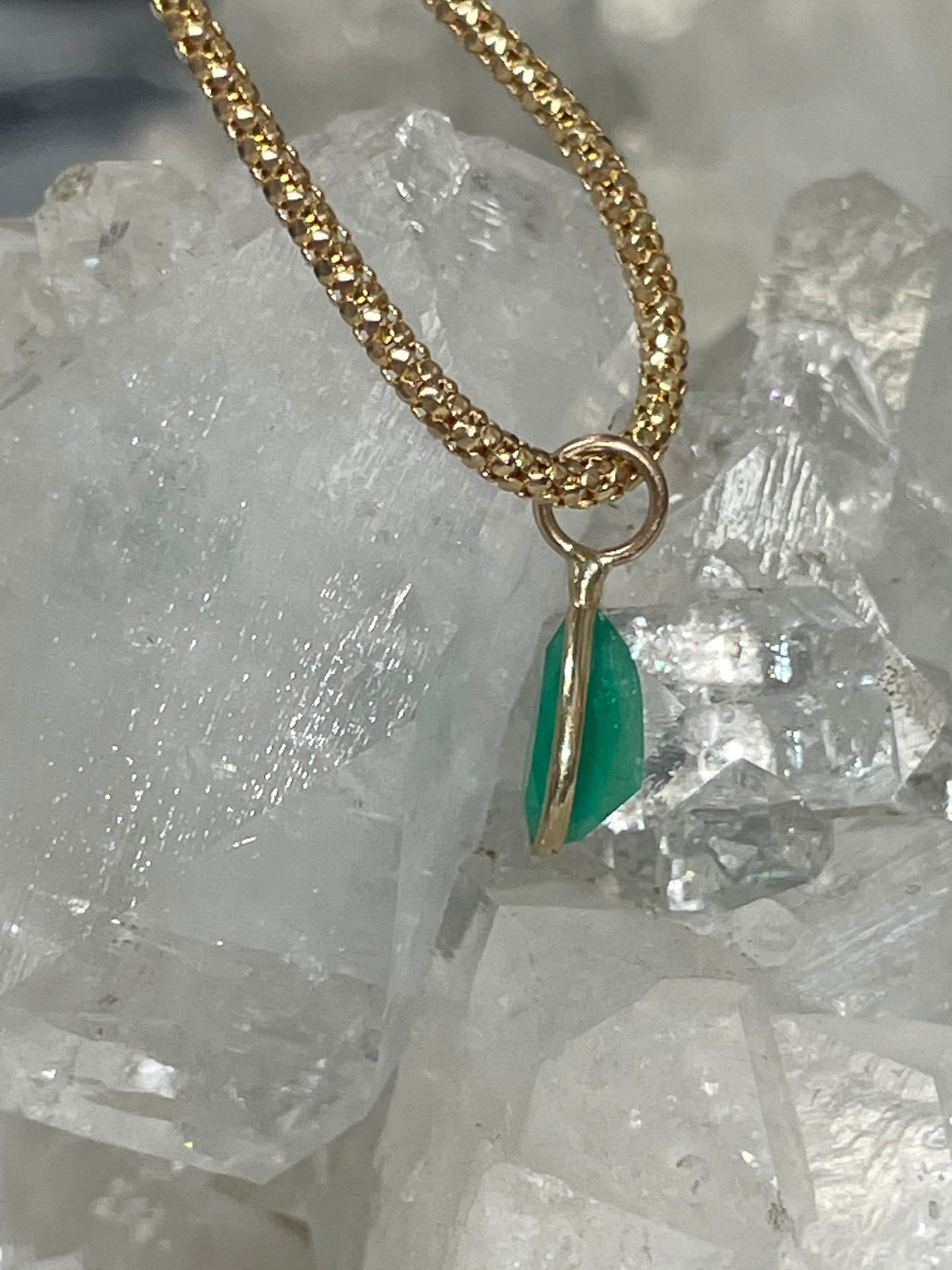 Shimmering! .95CT Natural Colombian Emerald 14K Yellow Gold Bezeled Charm Pendant OOAK 15X5mm