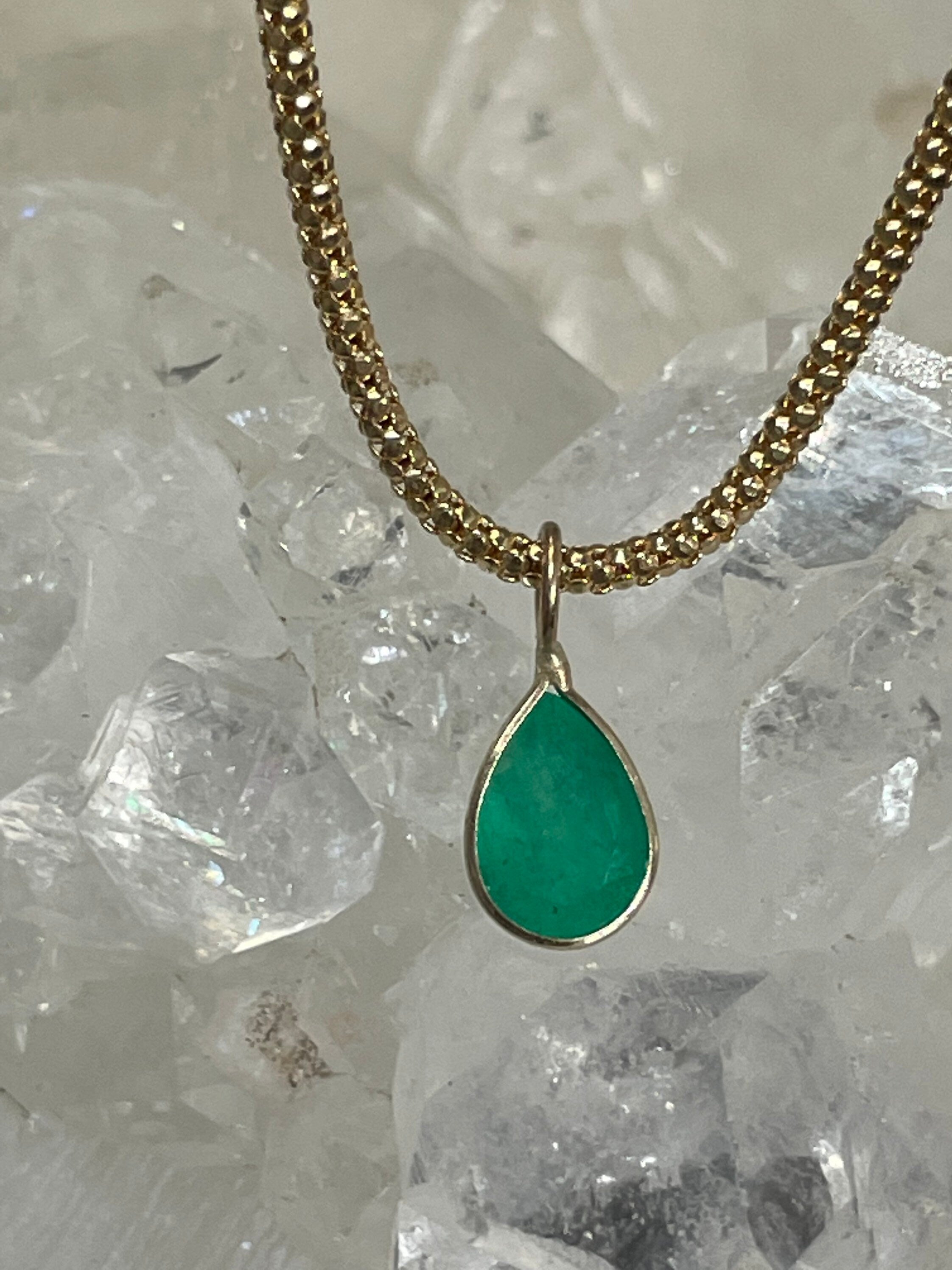 Shimmering! .95CT Natural Colombian Emerald 14K Yellow Gold Bezeled Charm Pendant OOAK 15X5mm