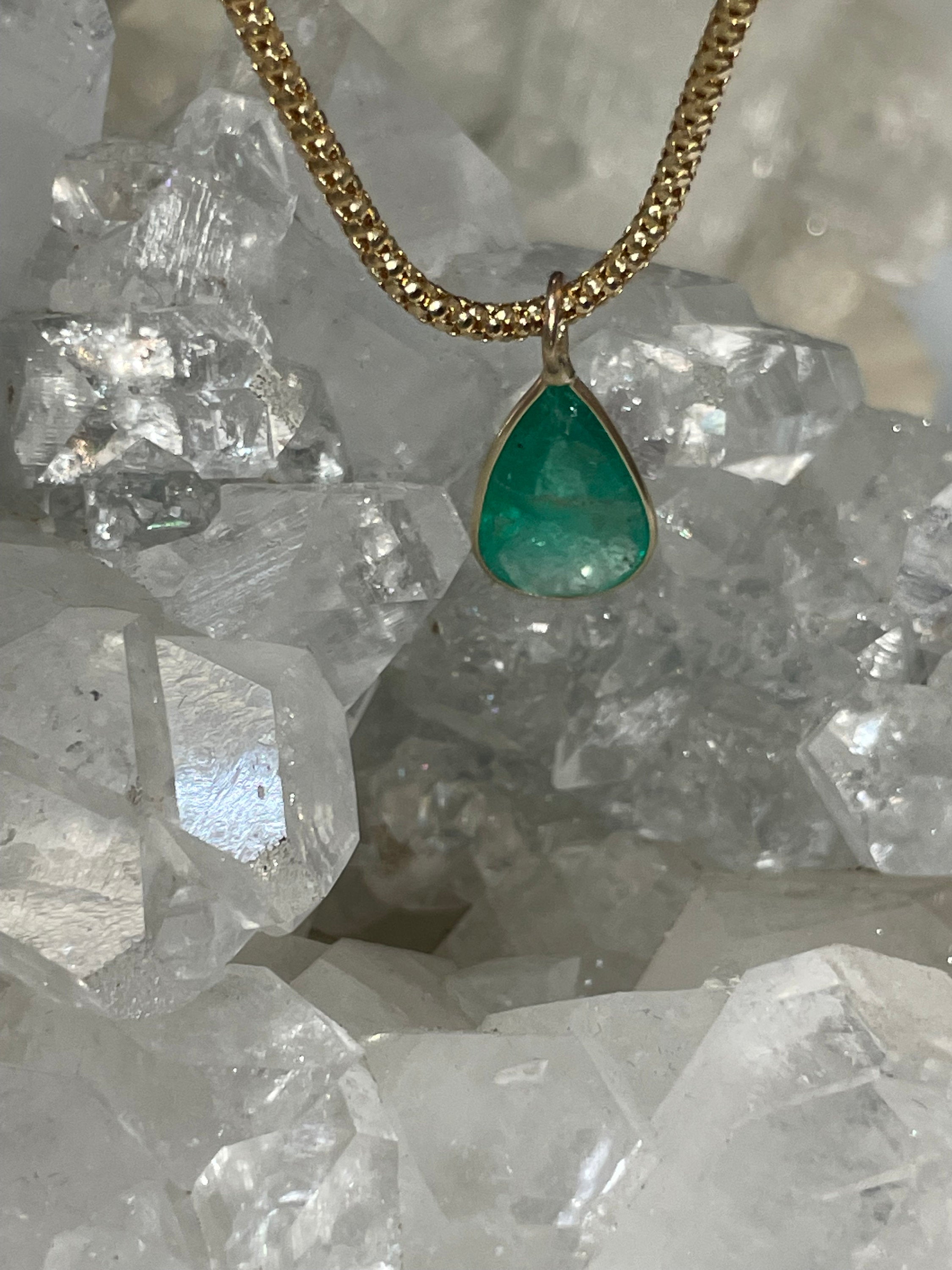 Shimmering! 2.6CT Natural Colombian Emerald 14K Yellow Gold Bezeled Charm Pendant OOAK 17x8mm
