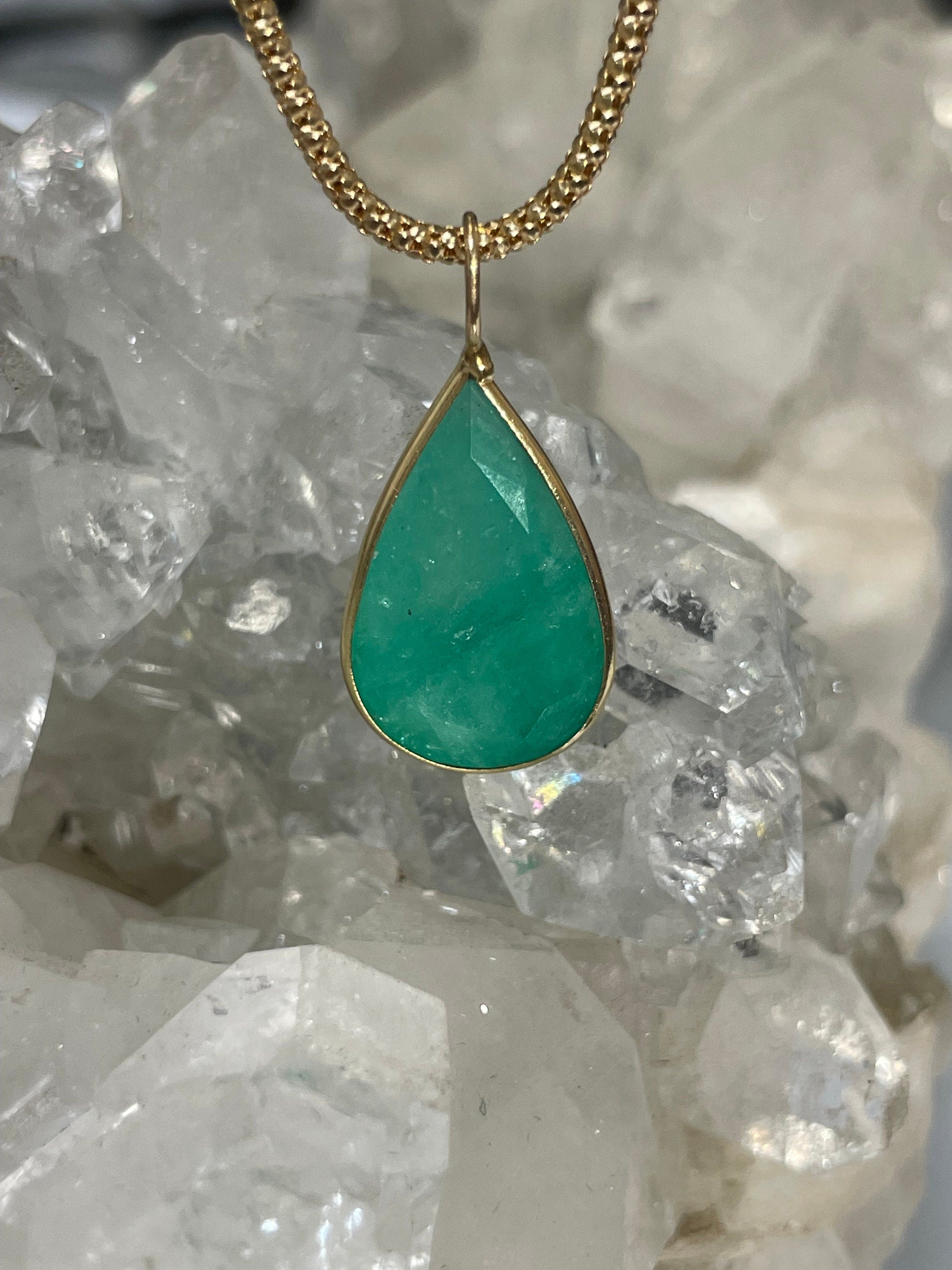 9.3CT Natural Colombian Emerald 14K Yellow Gold Bezeled Charm Pendant 27x13mm