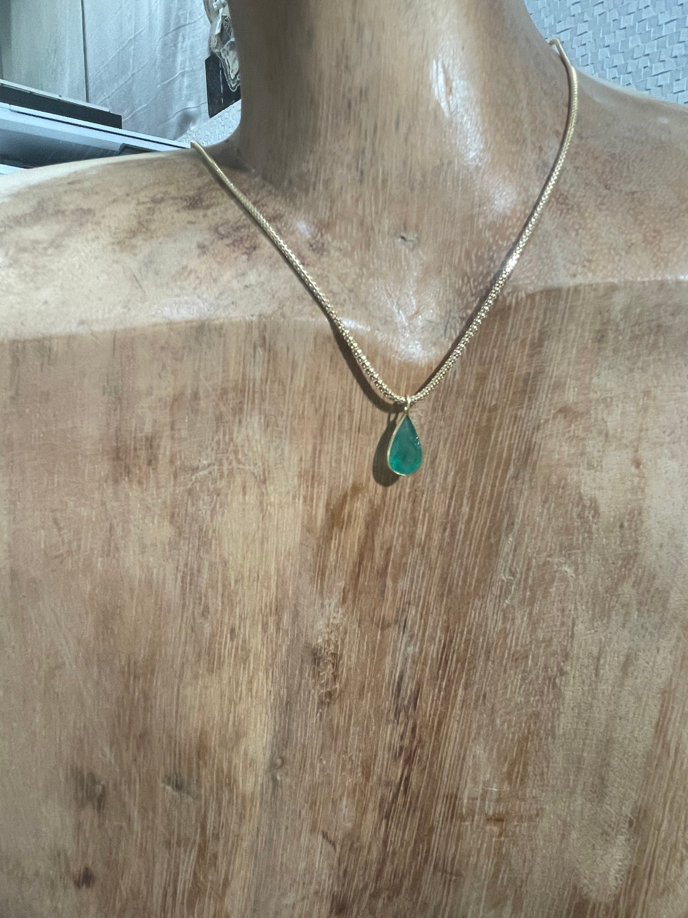 Shimmering! 2.6CT Natural Colombian Emerald 14K Yellow Gold Bezeled Charm Pendant OOAK 17x7mm