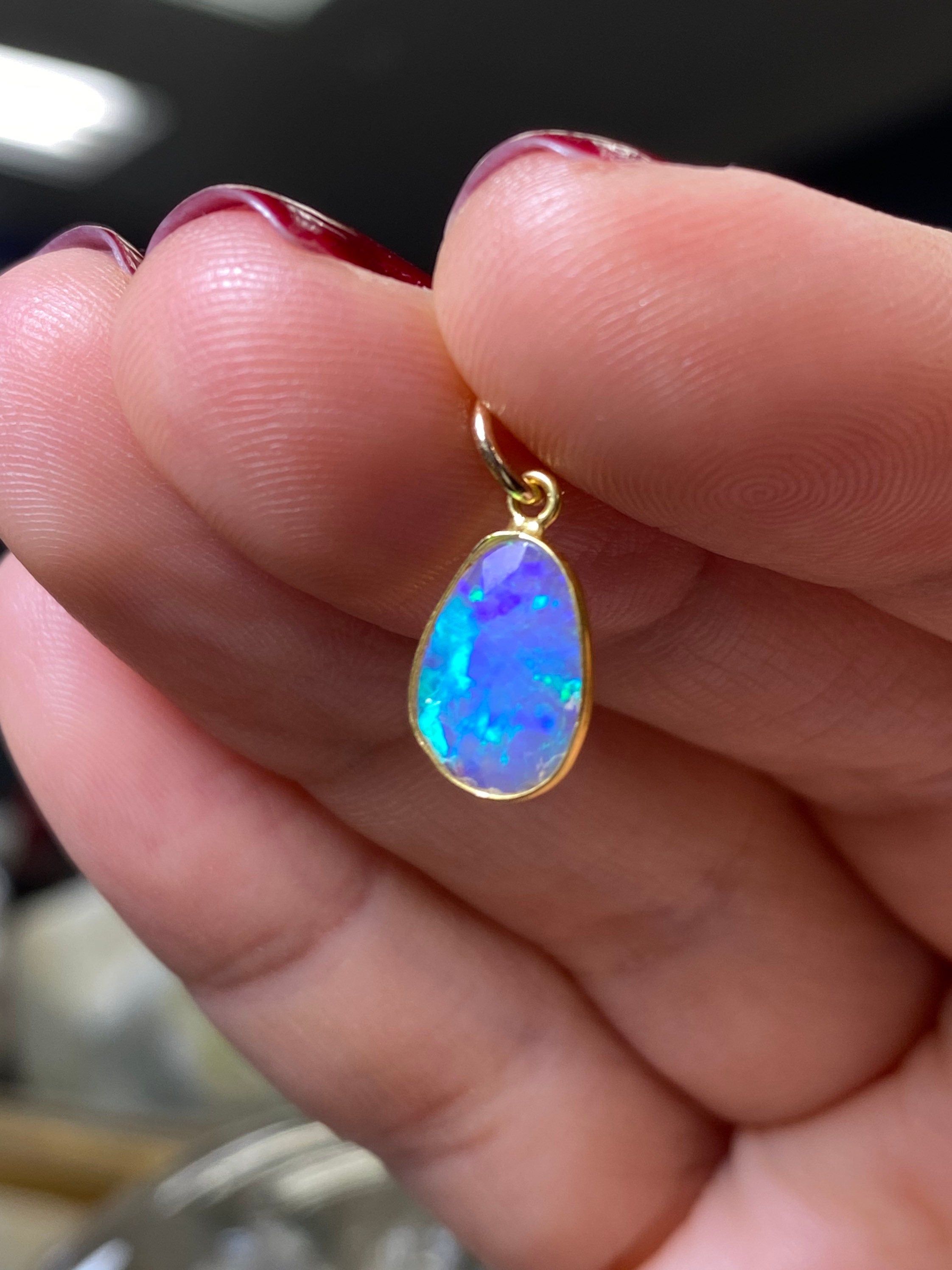 Opal Bezeled in Solid 14K Yellow Gold Pendant Charm 16x7mm