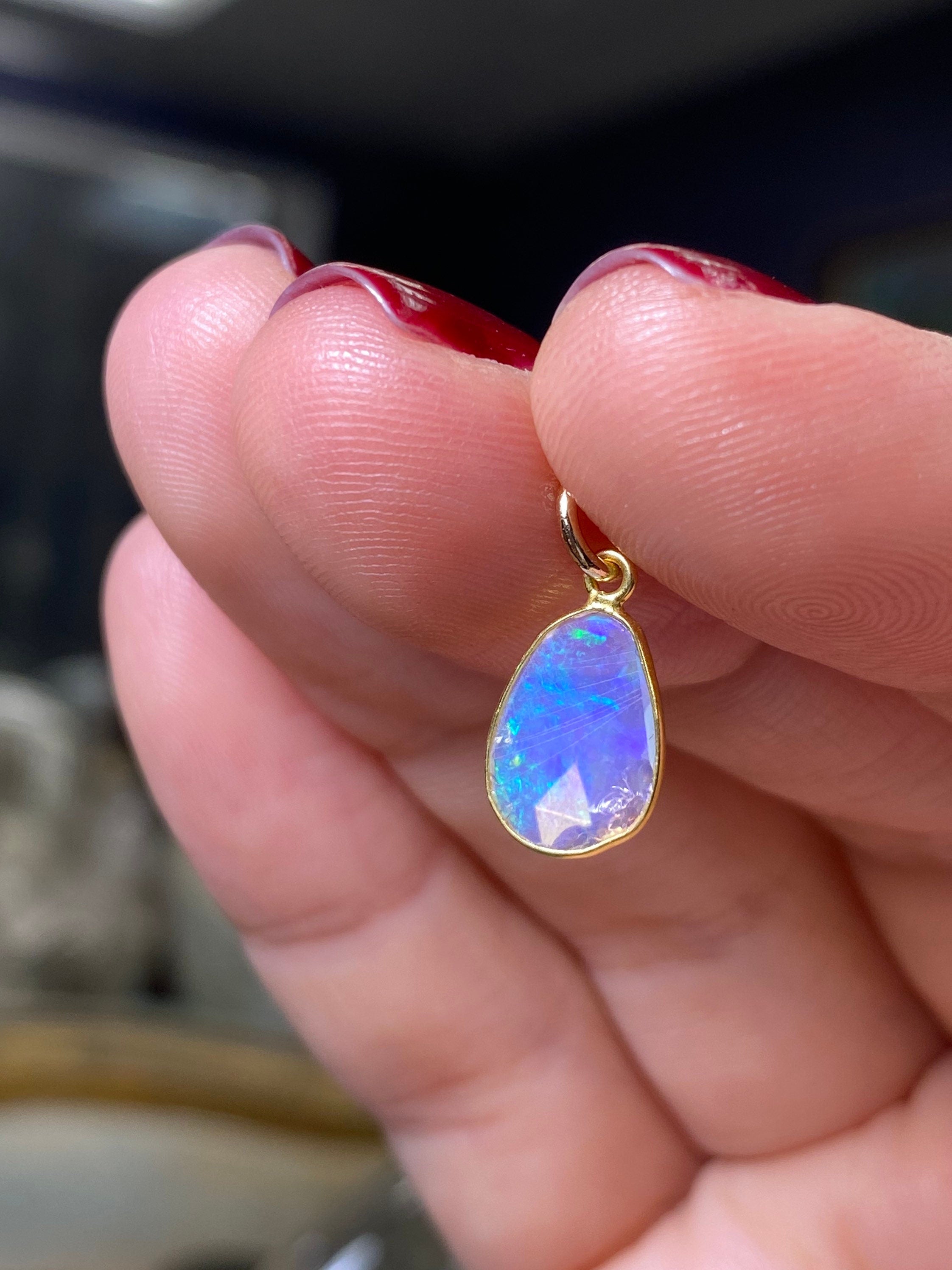 Opal Bezeled in Solid 14K Yellow Gold Pendant Charm 16x7mm