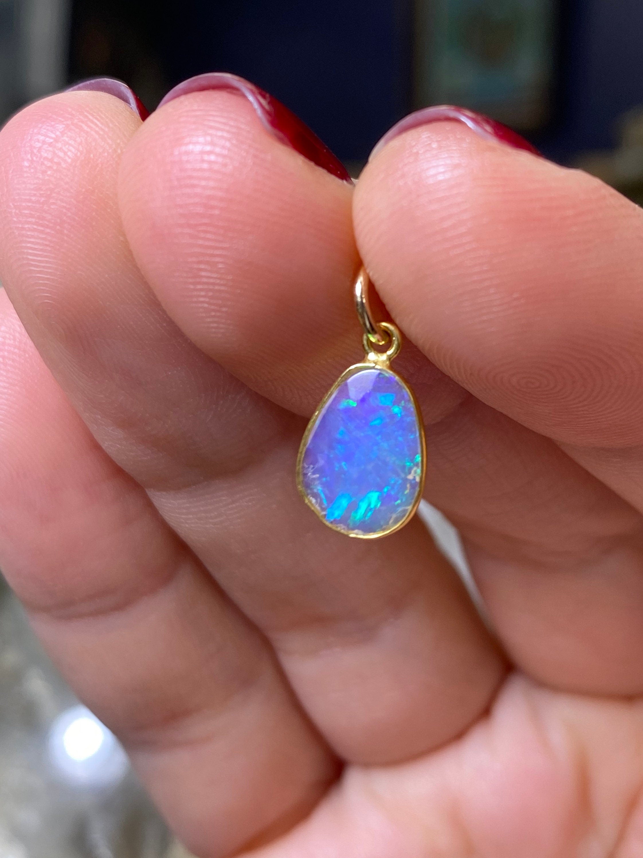 Opal Bezeled in Solid 14K Yellow Gold Pendant Charm 16x7mm