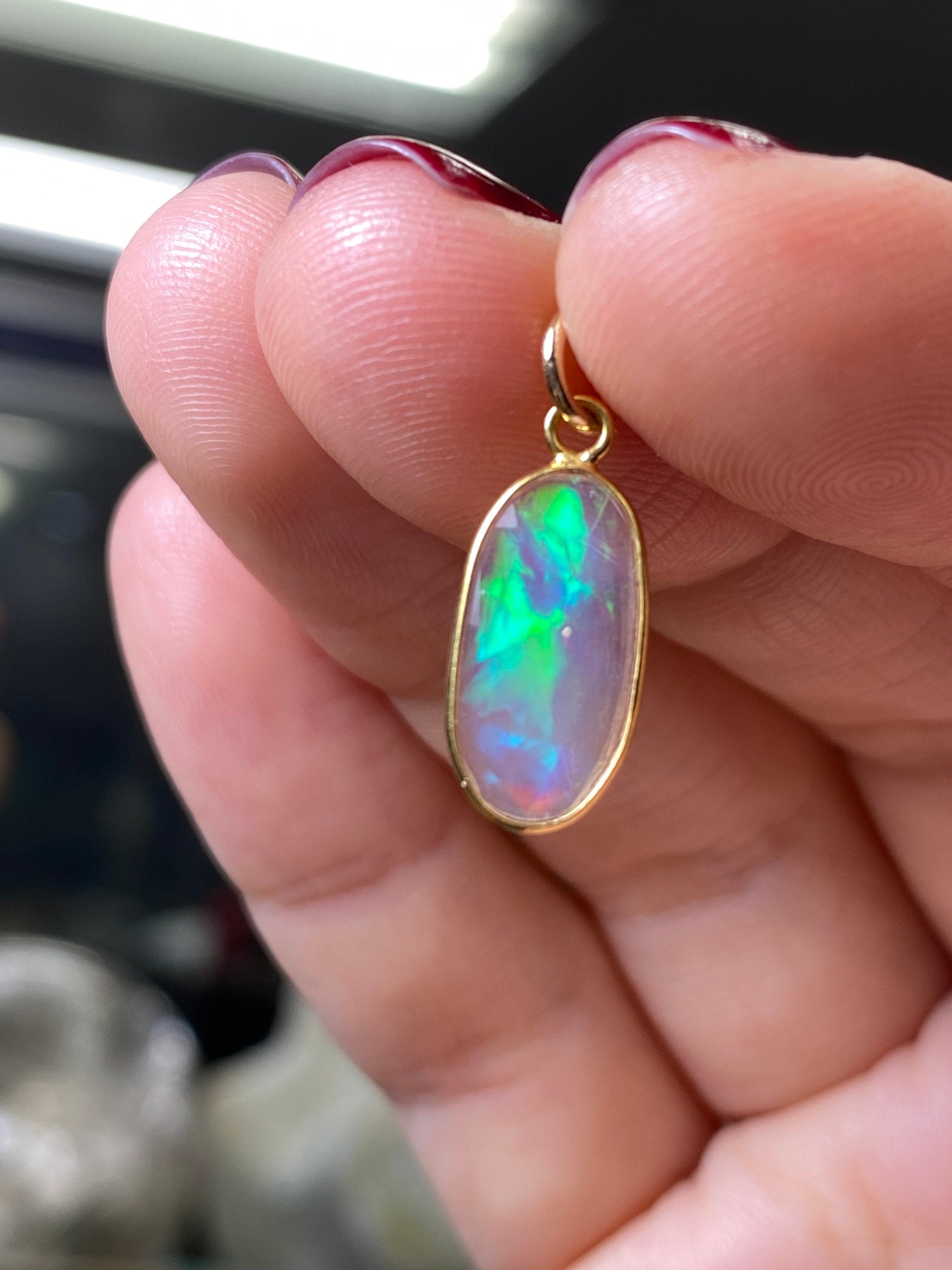 Opal Bezeled in Solid 14K Yellow Gold Pendant Charm 20x8mm