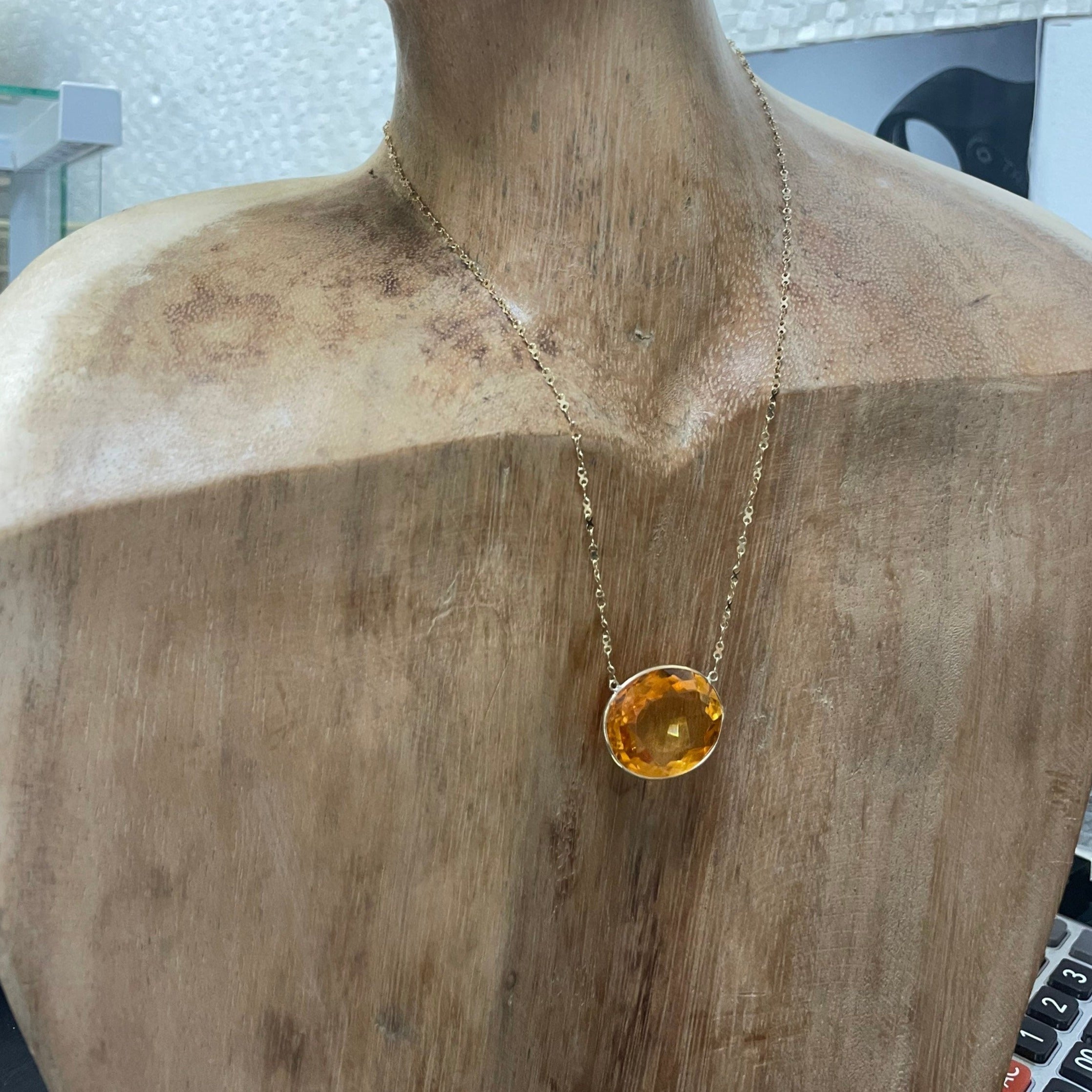 20CT Oval Citrine 16" 14K Yellow Gold Handmade Necklace