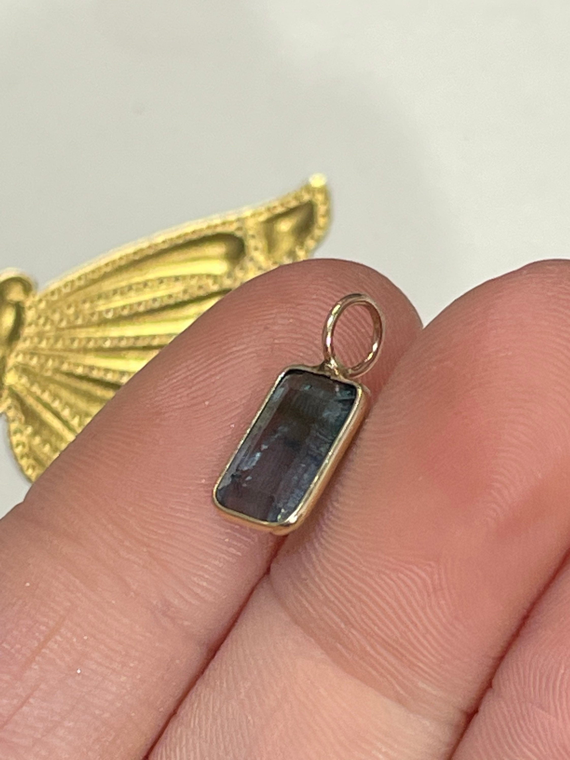 Fine 1.7CT  Natural Vivid Green Purple BiColor Tourmaline in Solid 14K Yellow Gold Pendant Charm 15x10mm