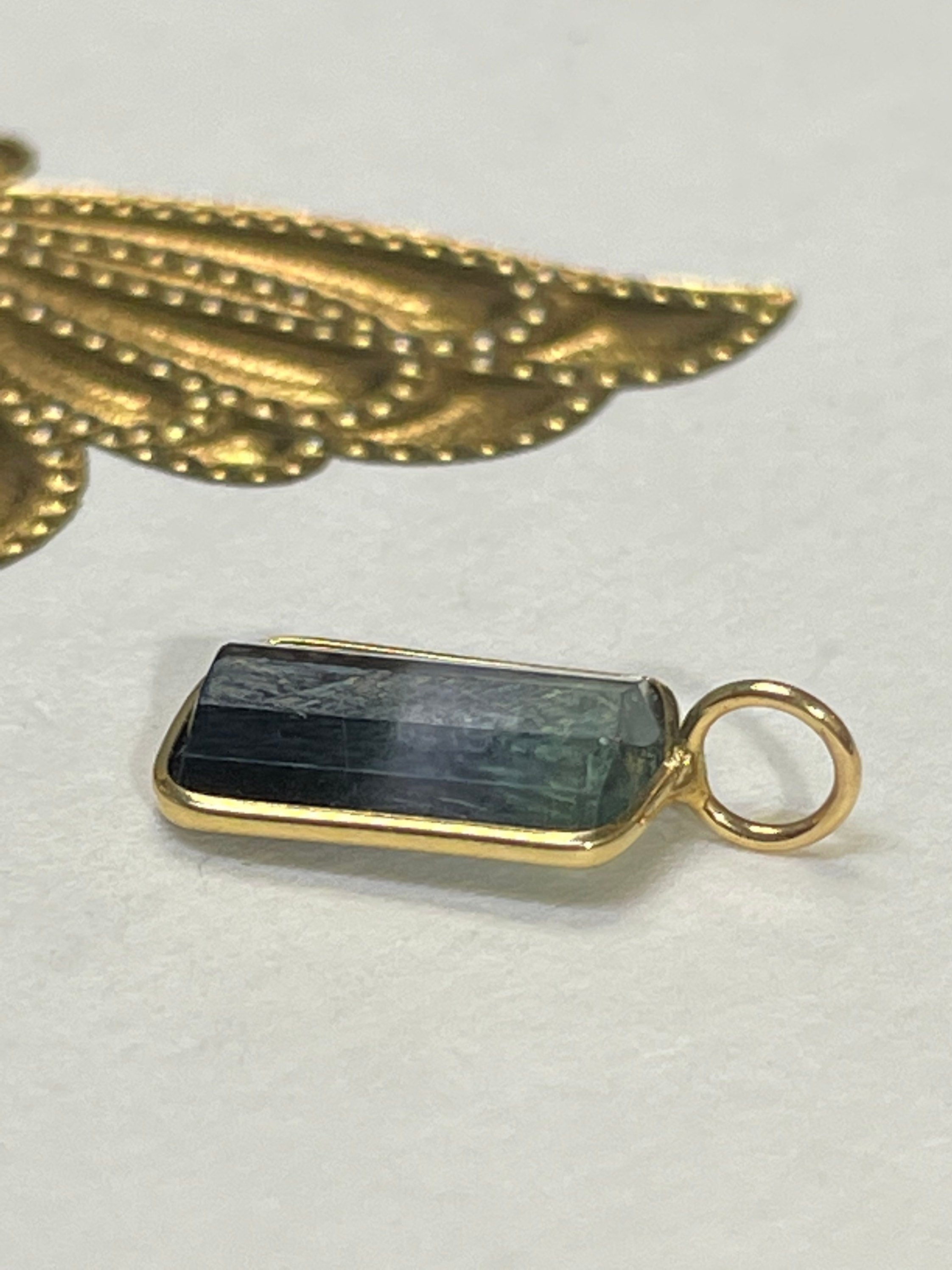 Fine 2CT  Natural Vivid Green Purple BiColor Tourmaline in Solid 14K Yellow Gold Pendant Charm 15x15mm