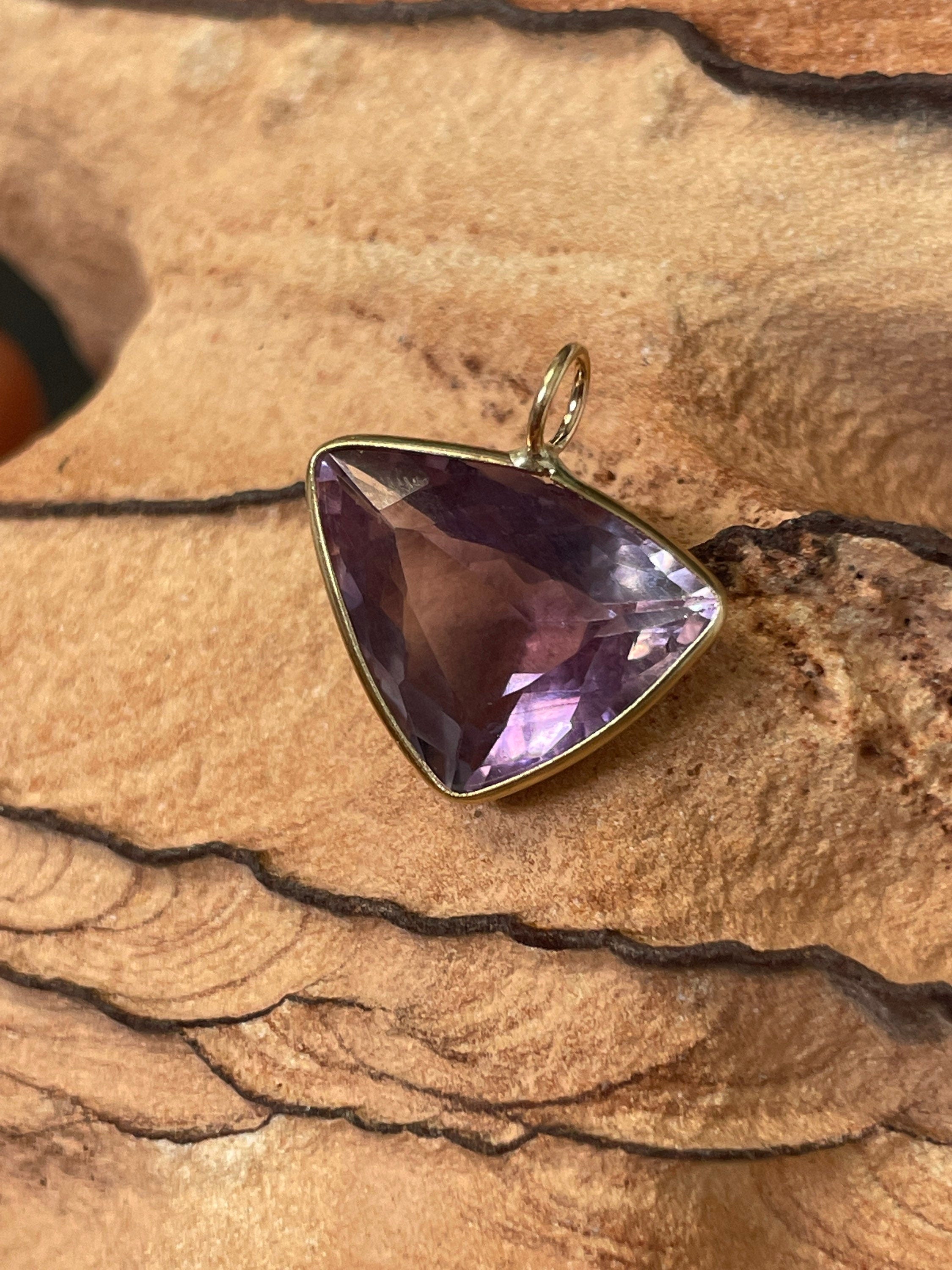 Unique 6CT Triangular Natural  Purple Amethyst Gem Charm in Solid 14K Yellow Gold 18x16mm