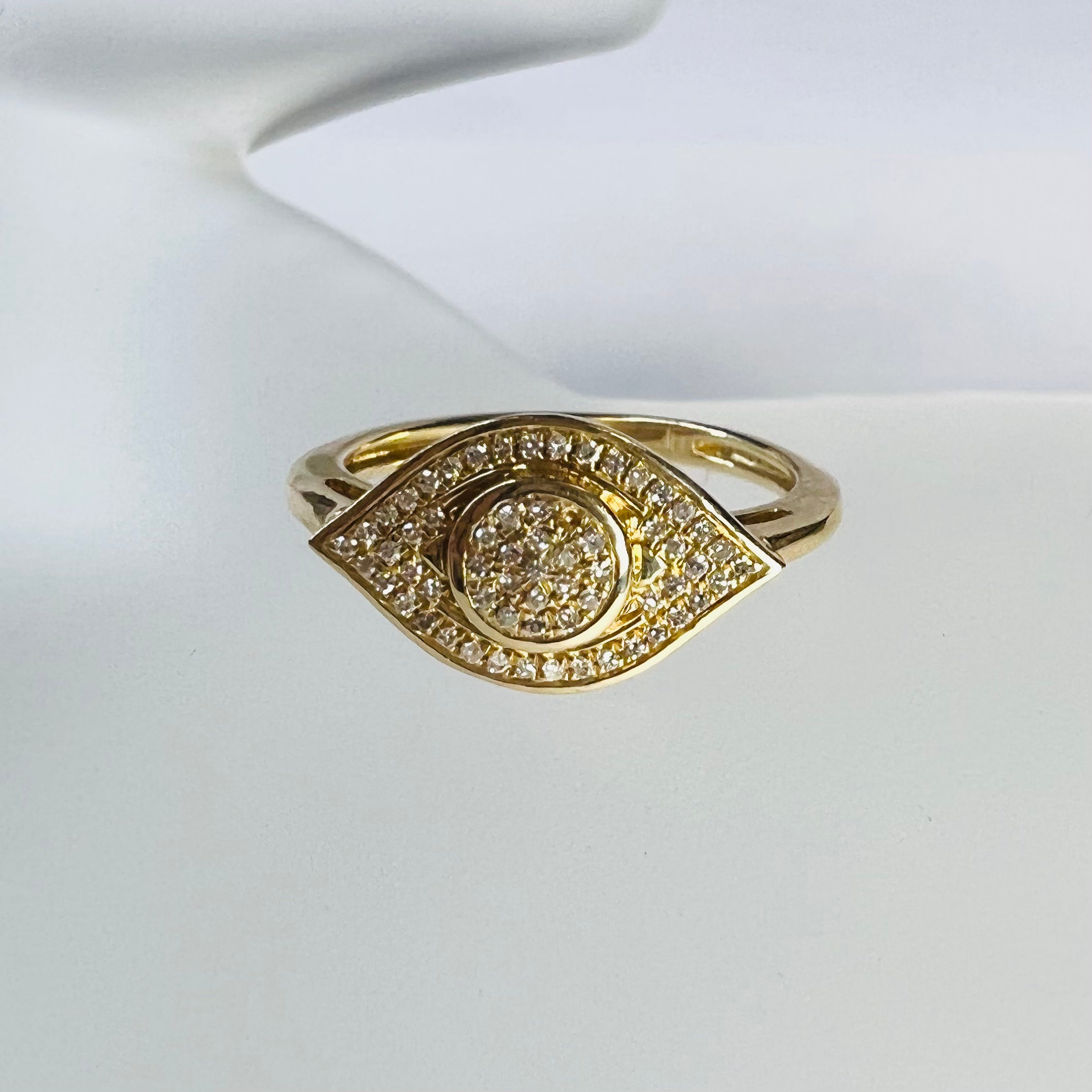 Solid 14K Yellow Gold Evil Eye Pave set Diamond Ring Band Size 5.25