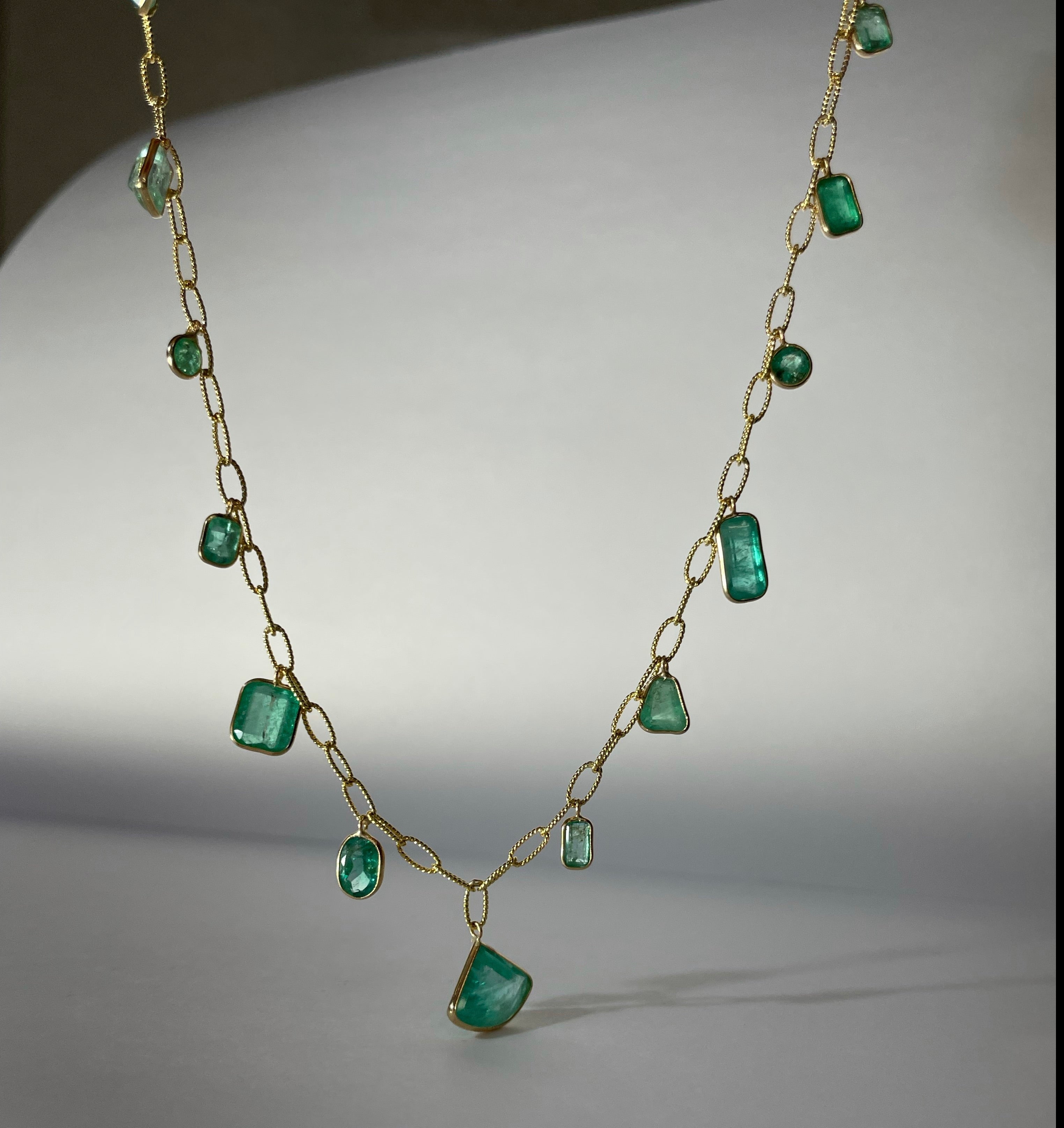 10.3CTS Multi Shape Colombian Emeralds 16" 14K Yellow Gold Dangle Necklace