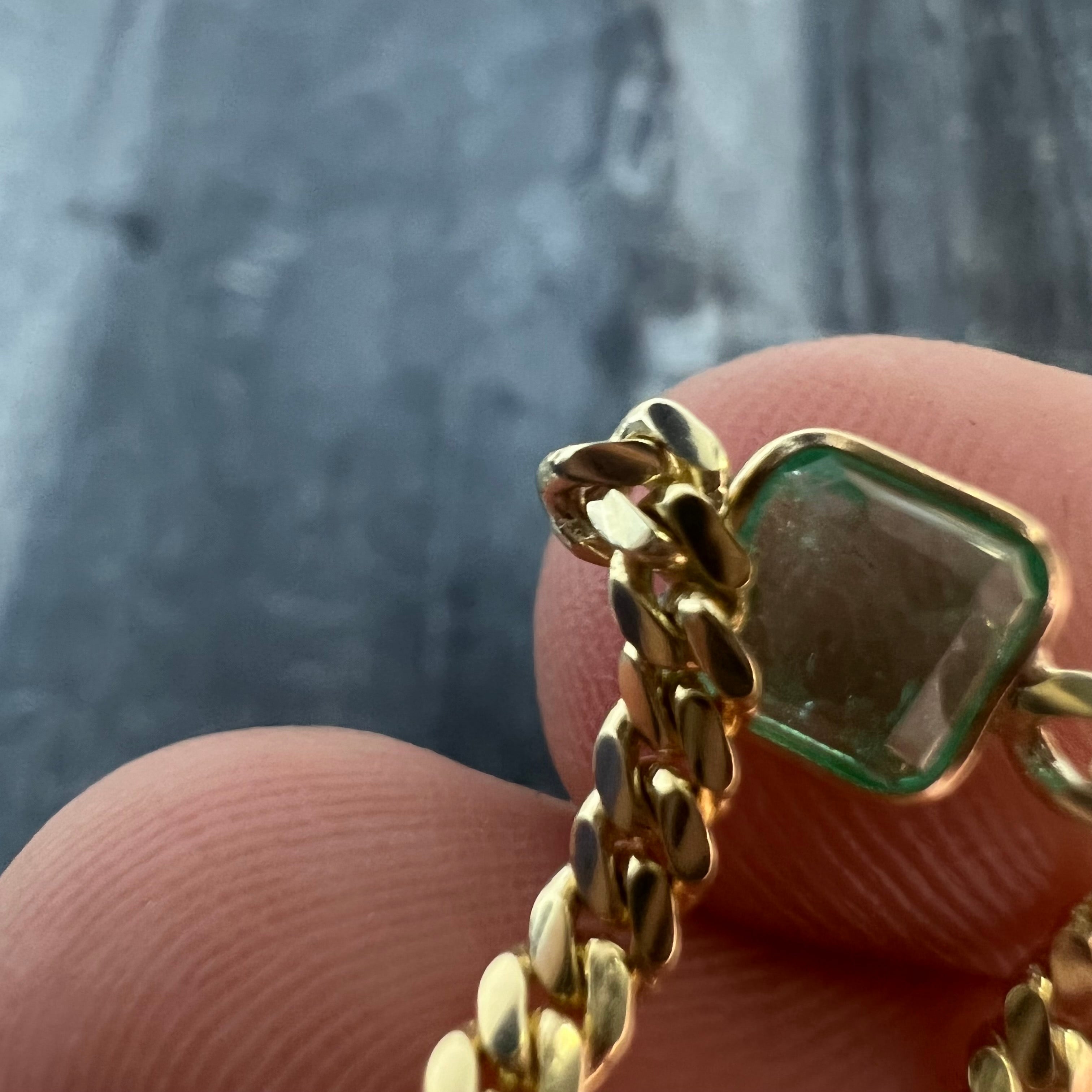 Solid 14K Yellow Gold Natural Square Emerald Cuban Chain Ring Size 7