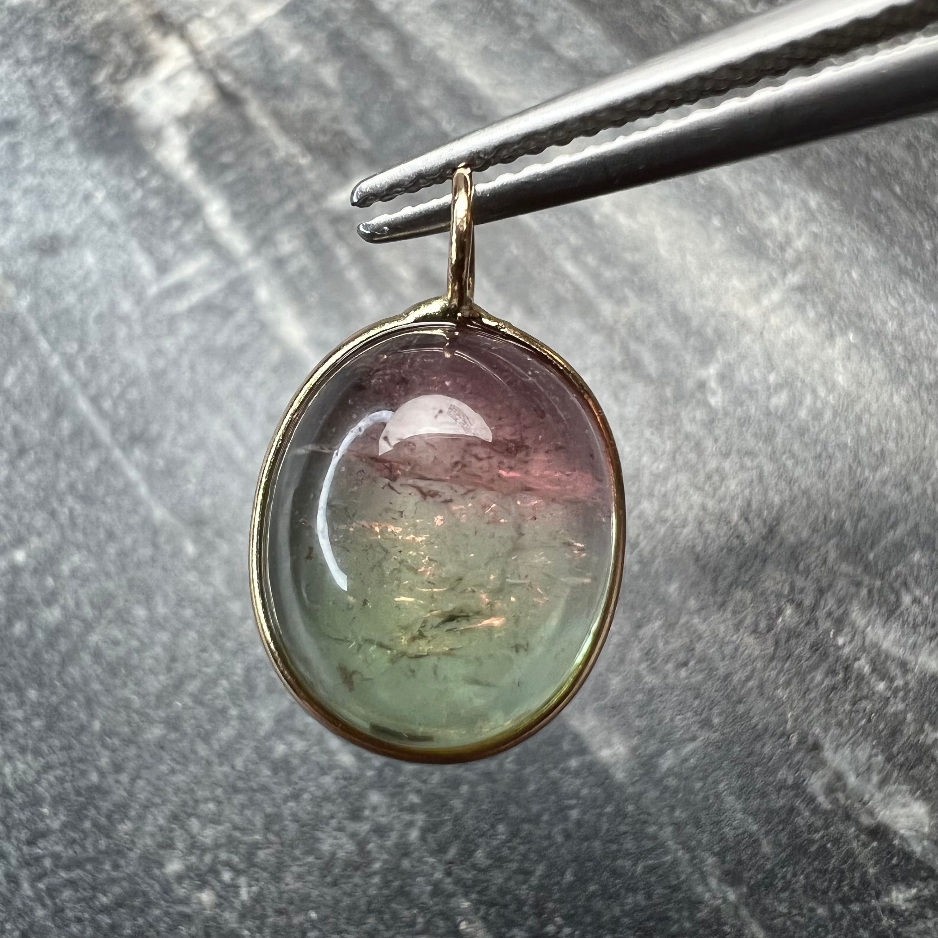 6.5CT Natural Light Watermelon Cabochon Tourmaline Solid 14K Yellow Gold Pendant Charm 17.5x11mm