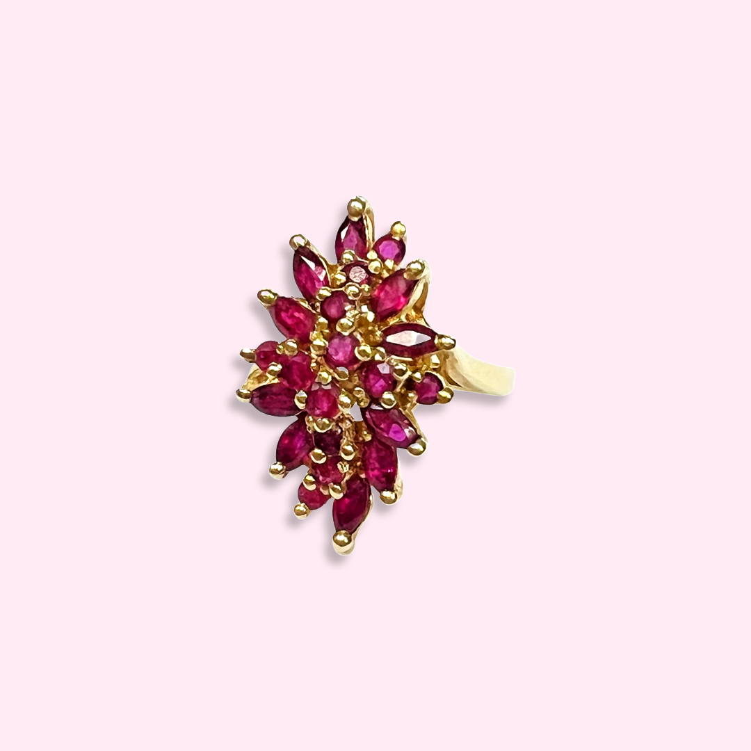 14k Yellow Gold Natural Ruby Cluster Navette Ring