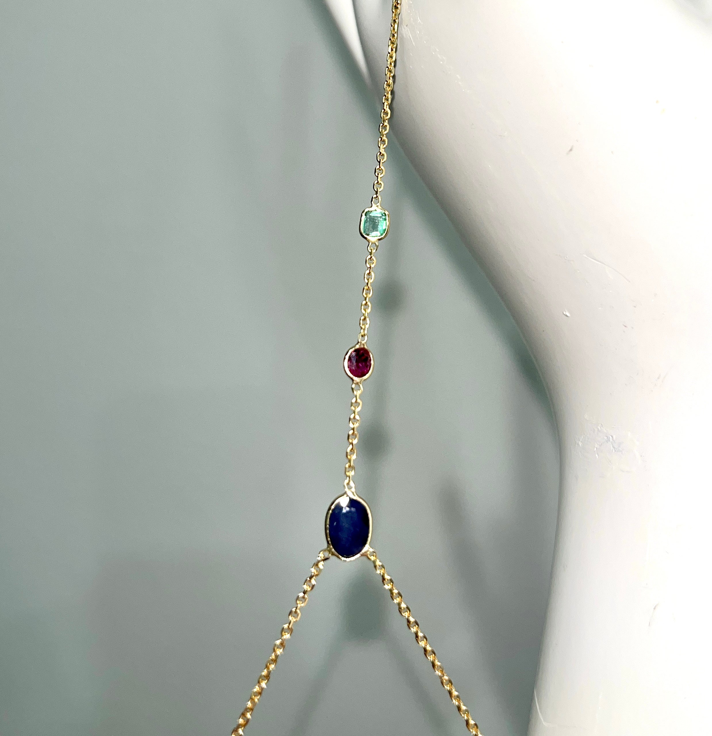 Emerald Ruby Sapphire Hand Chain Solid 14k Yellow Gold