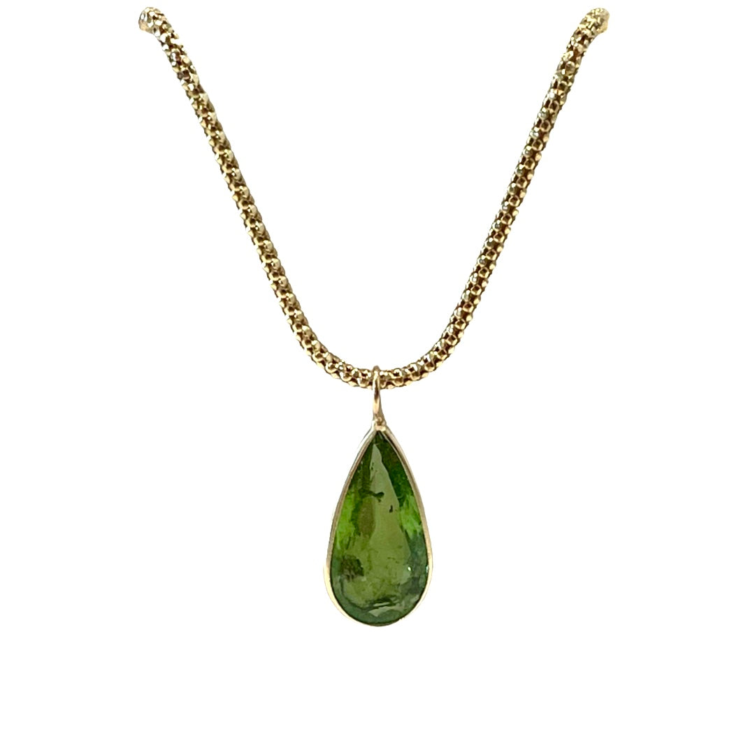 Natural Green Elongated Tourmaline 14K Yellow Gold Pendant Charm 23x9mm