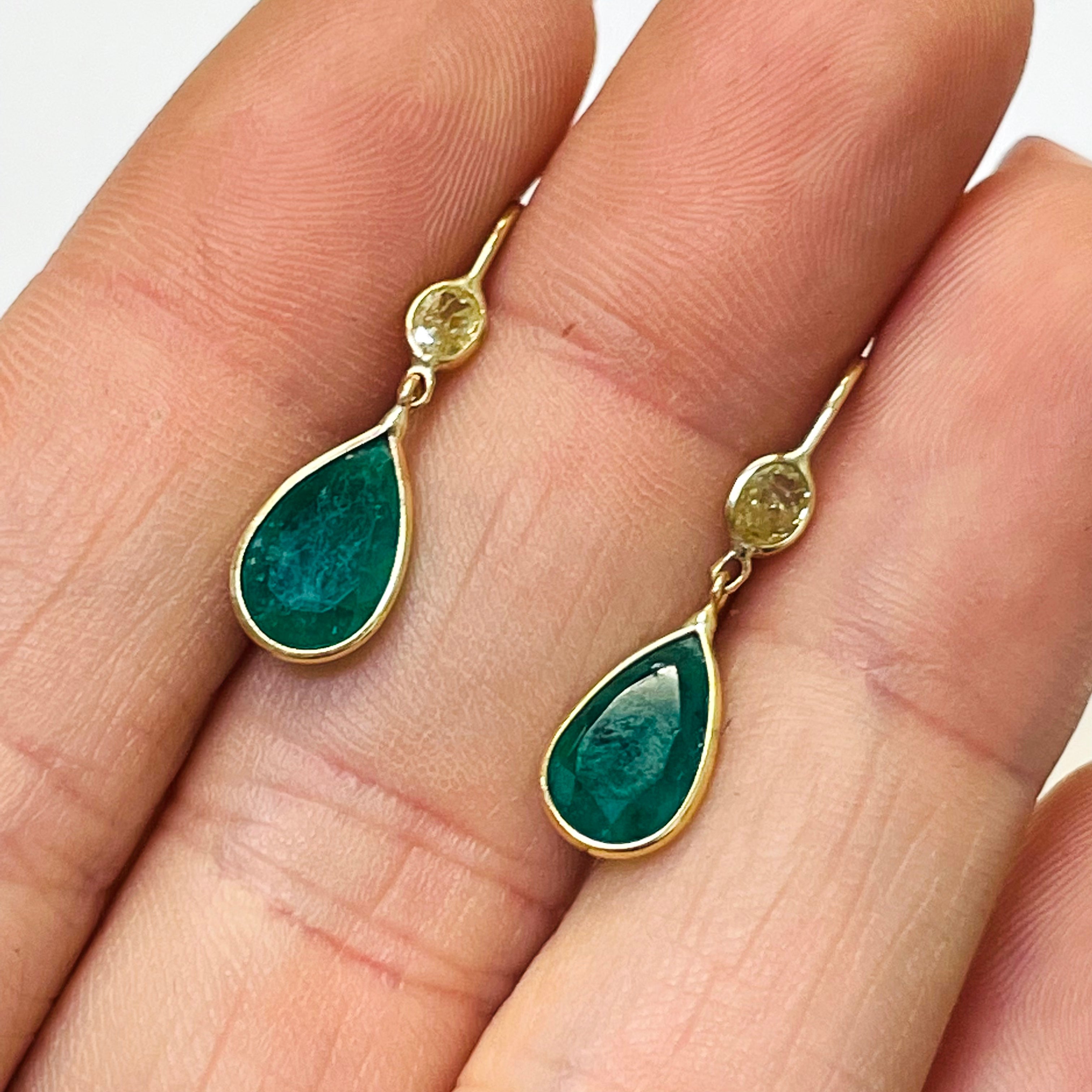 2.3CT Emerald and.28CT Oval Yellow Diamond 14K Yellow Gold Drop Down Earrings