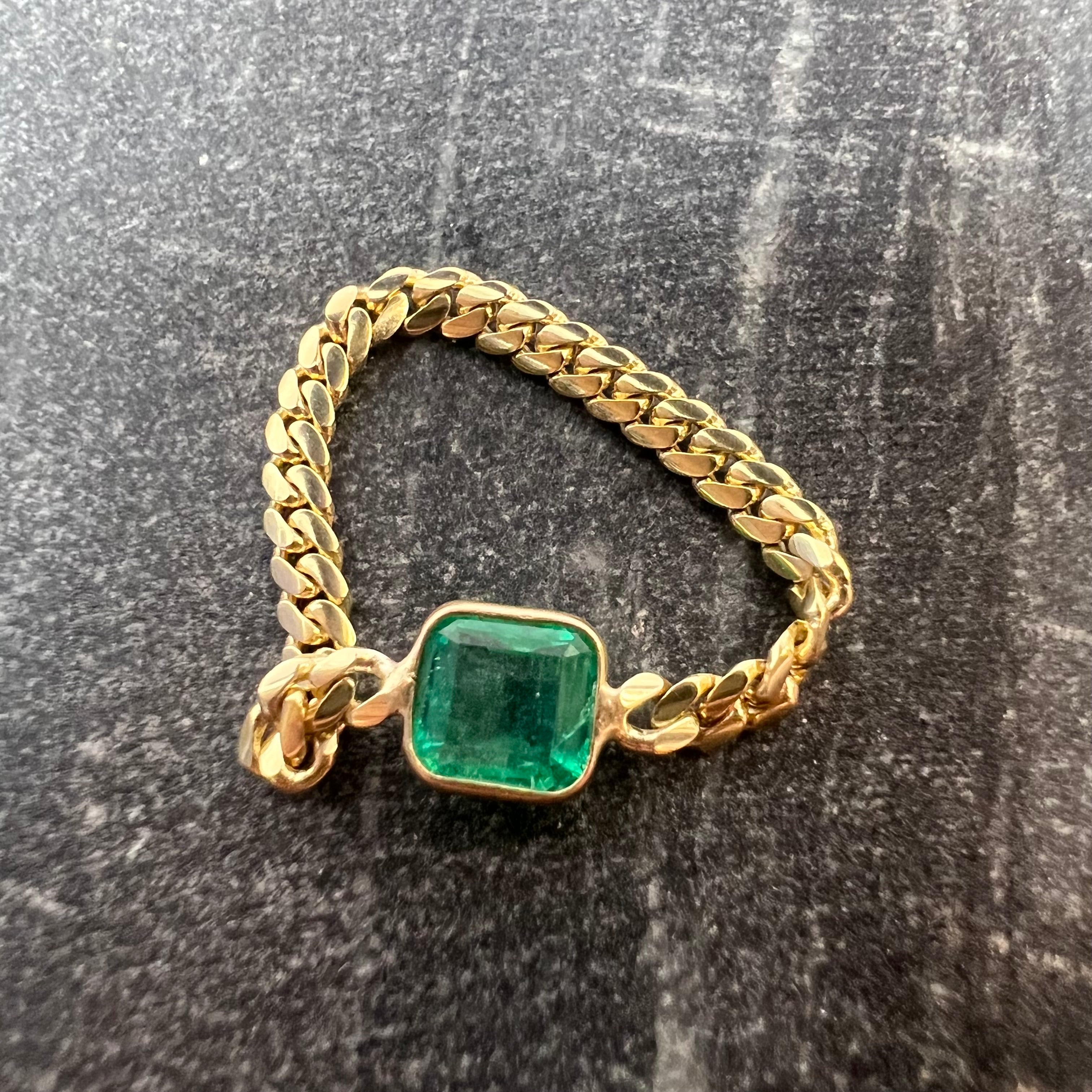 Solid 14K Yellow Gold Natural Square Emerald Cuban Chain Ring Size 7