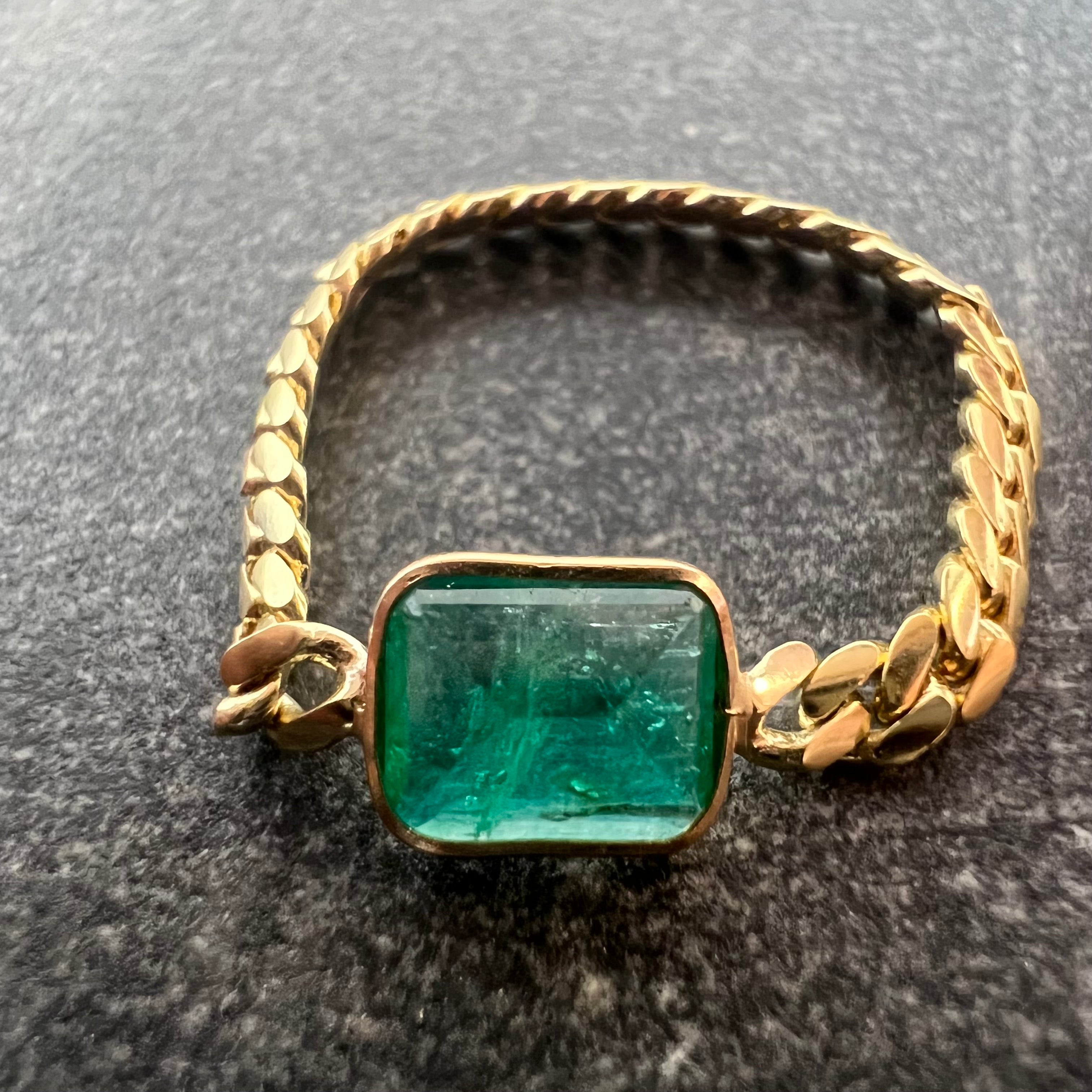 Solid 14K Yellow Gold Natural Emerald Cuban Chain Ring Size 7