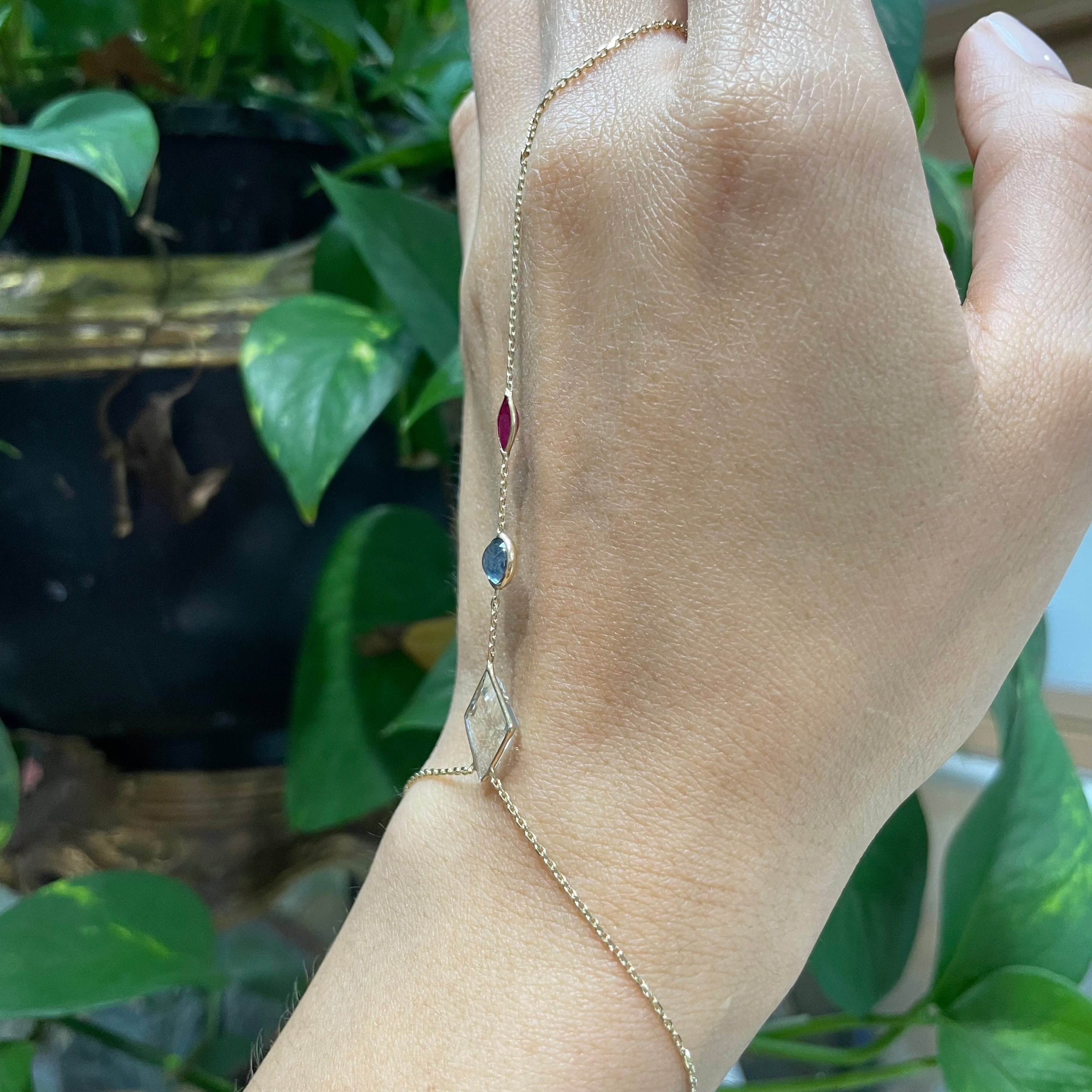 Aquamarine Sapphire and Ruby Handchain in solid 14k Yellow Gold