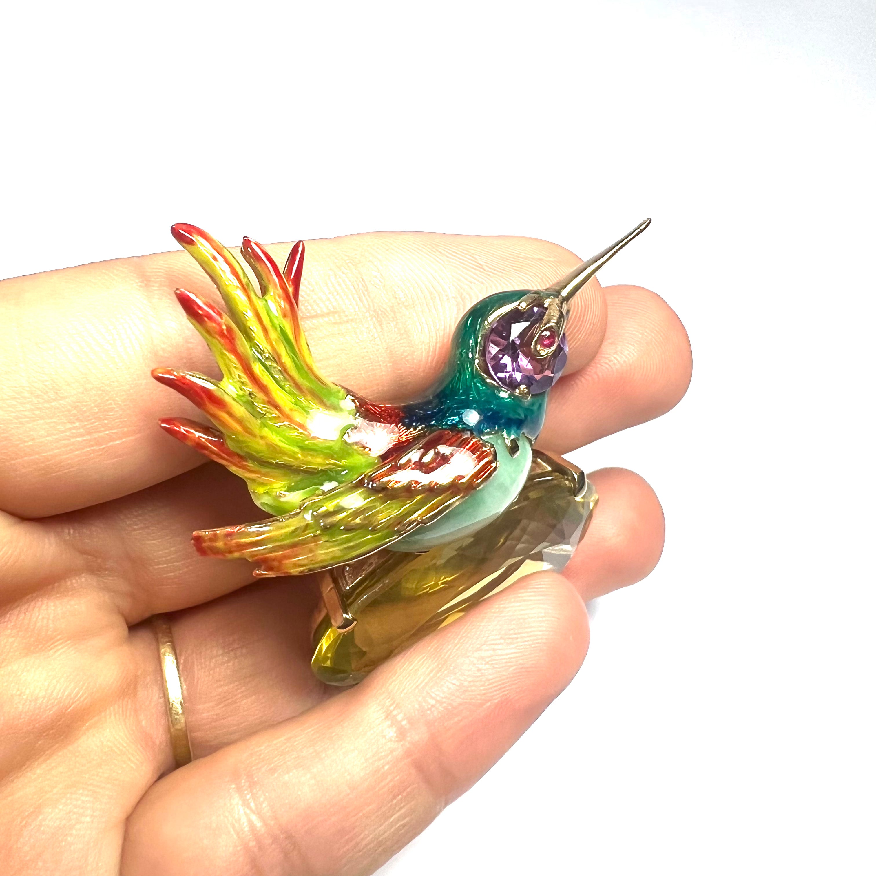 Unique 14K Yellow Gold Natural Stones And Enamel Humming Bird Brooch Pin 2"