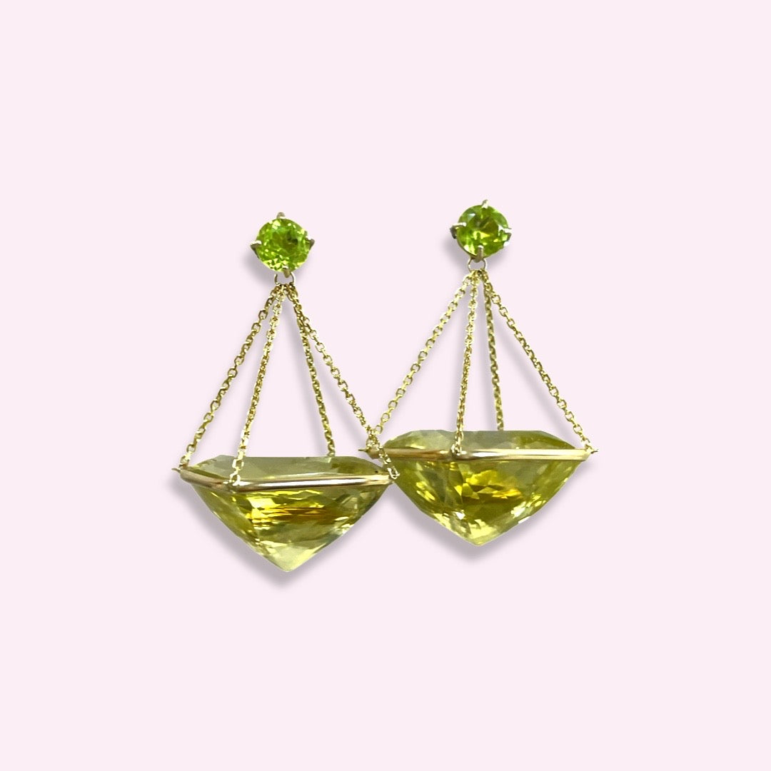 Lemon Quartz and Peridot Pendulum Drop Earrings 14K Yellow Gold