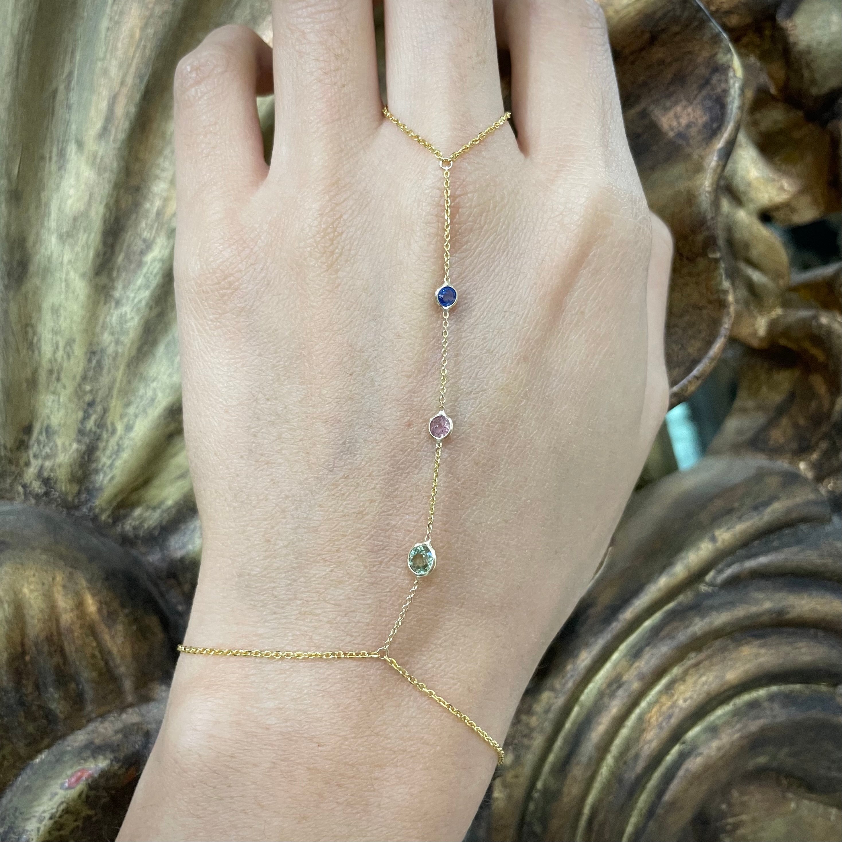 Multi-color Sapphires HandChain in solid 14k Yellow Gold