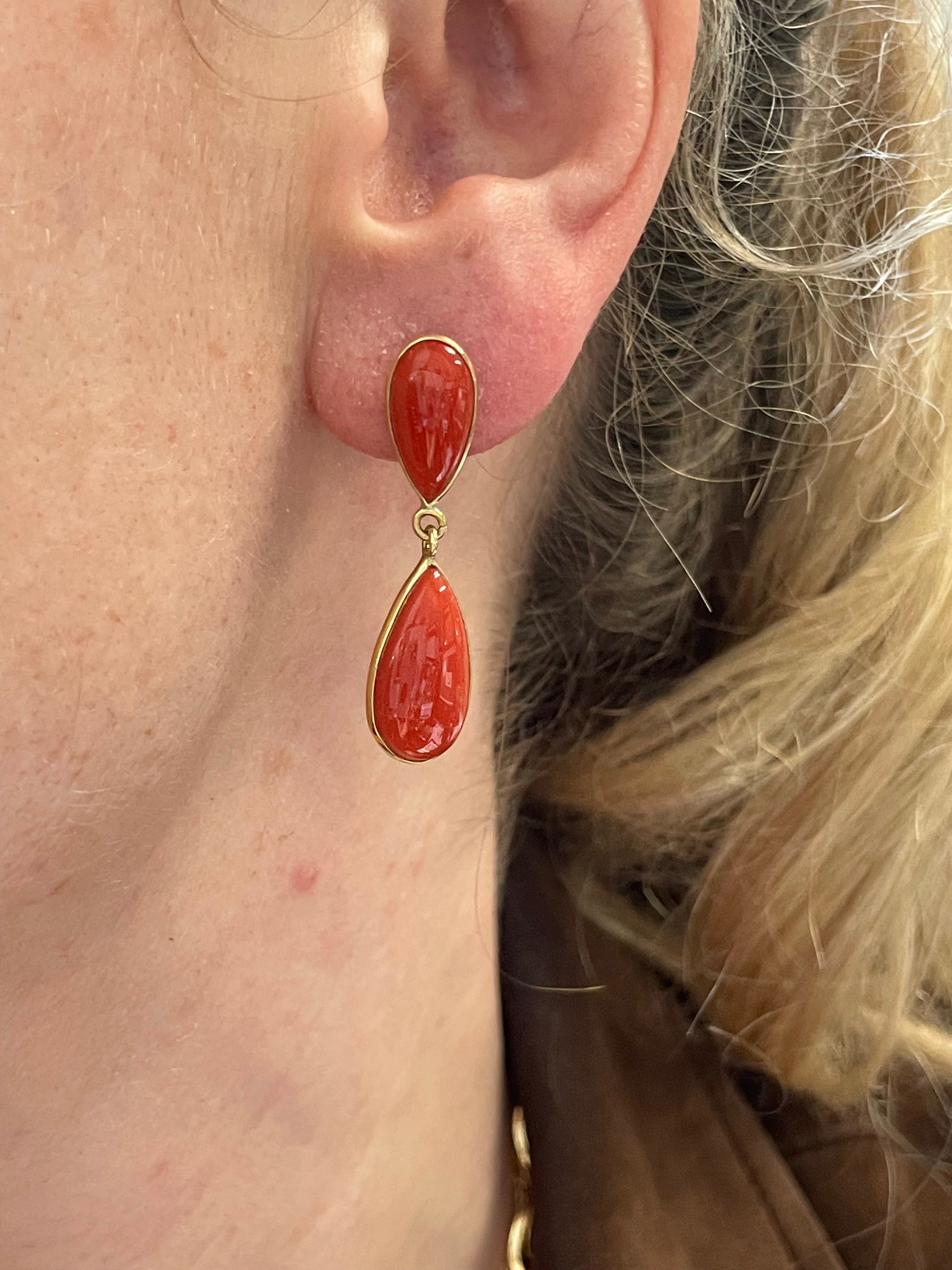 Natural Untreated Red Coral Drop Earrings 18K Yellow Gold