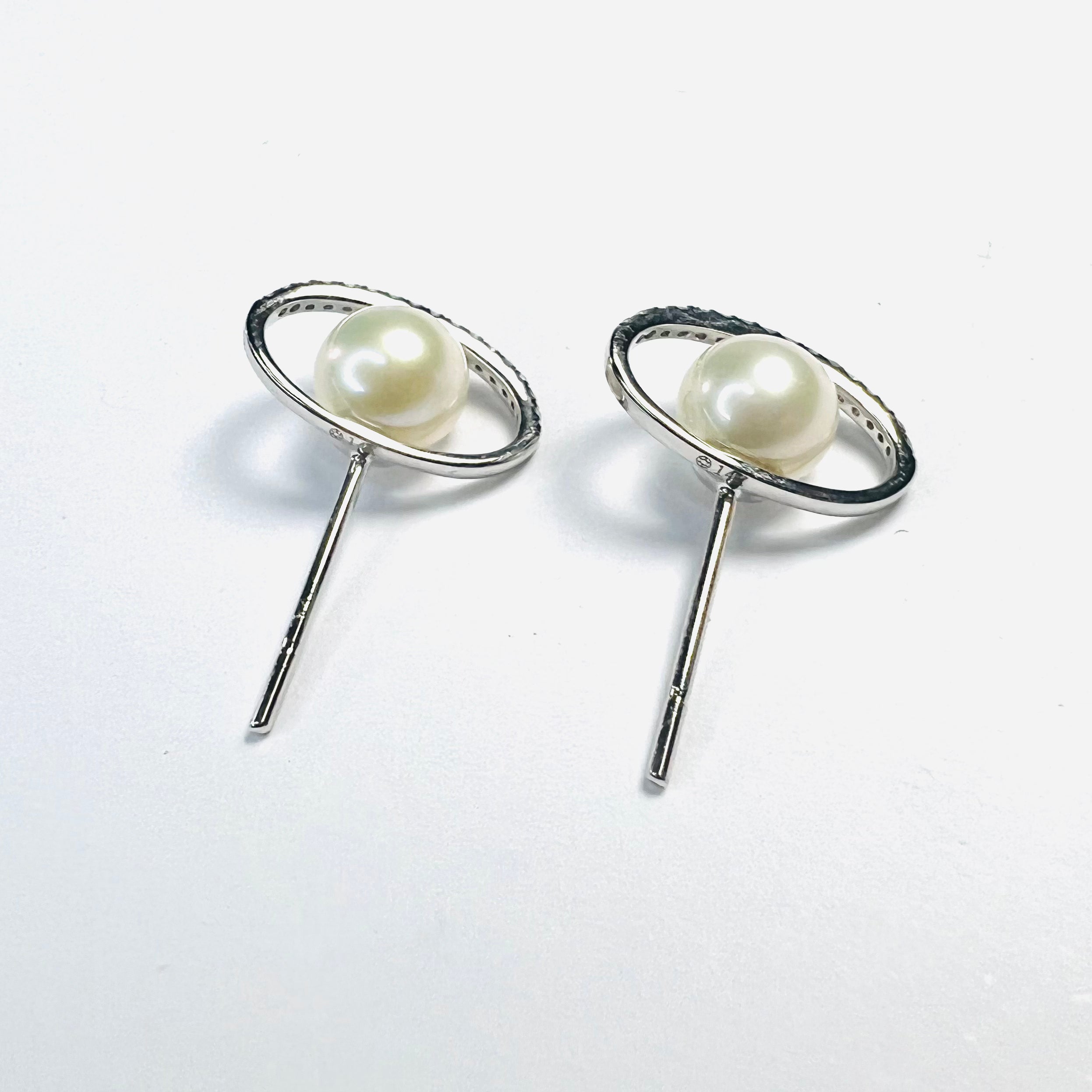 14K White Gold Pearl & Pave Diamond Planet Earring Studs 13x8mm