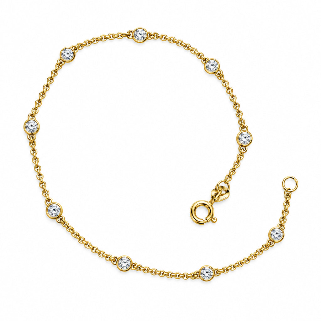 Nine Diamond Bracelet in Solid 14k Yellow Gold 7.75"