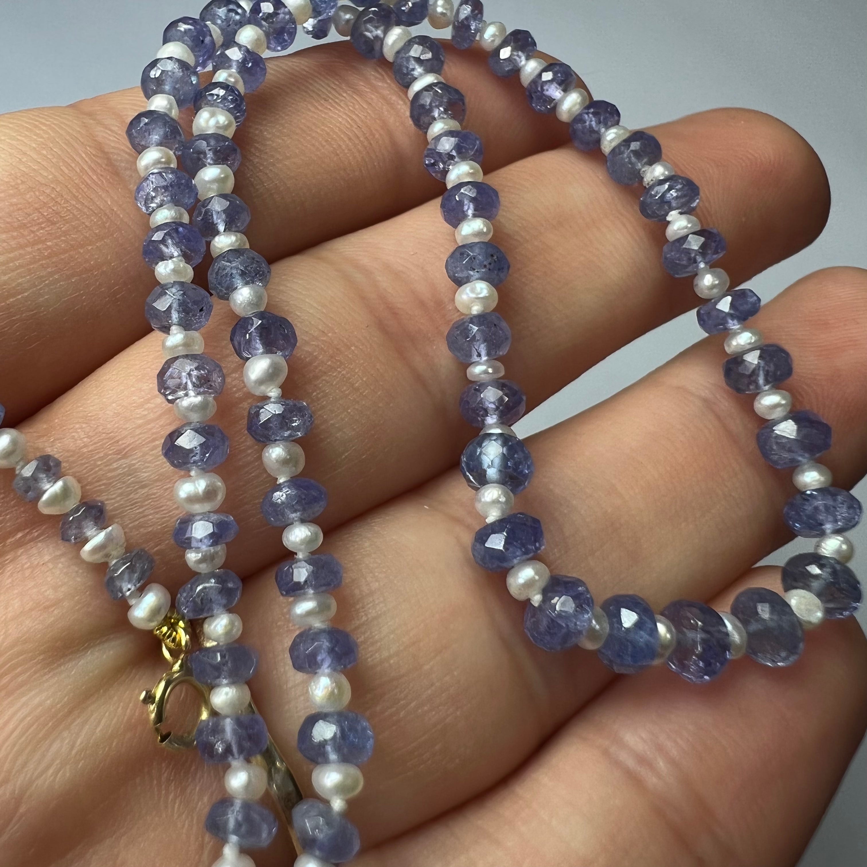 Briolette Tanzanite & Seed Pearl Beads 18" 14K Yellow Gold Necklace
