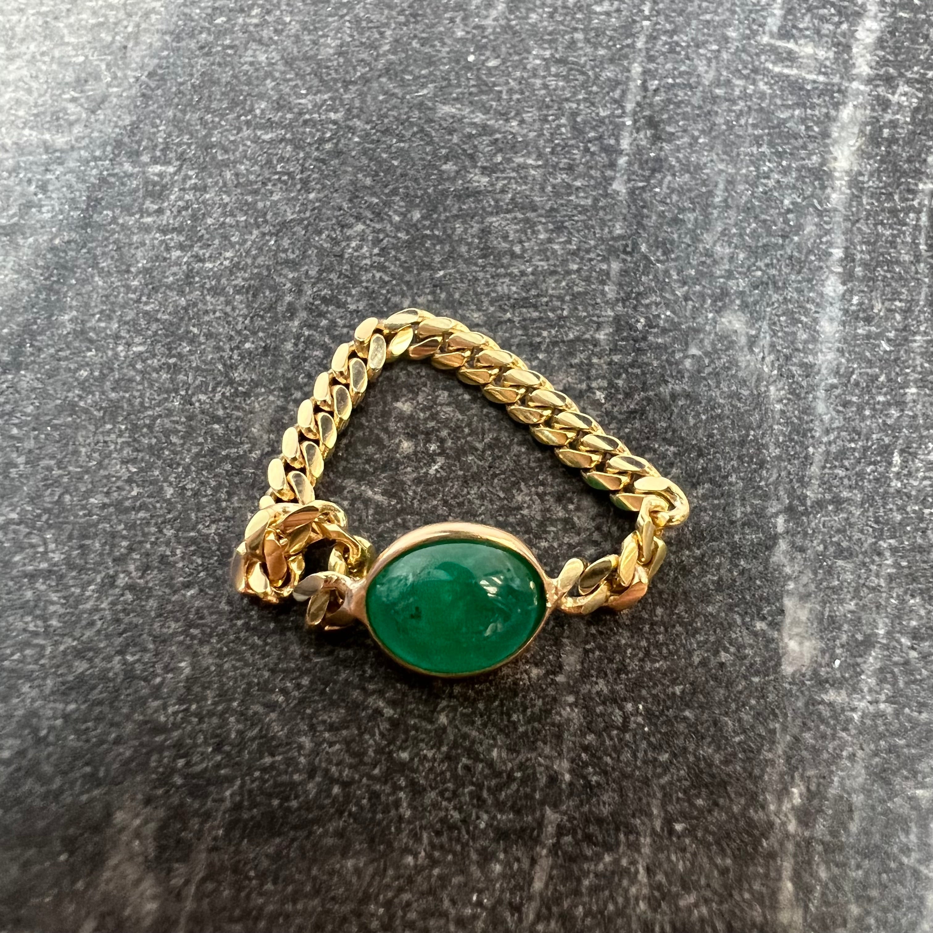 Solid 14K Yellow Gold Cabochon Emerald Cuban Chain Ring Size 7.5