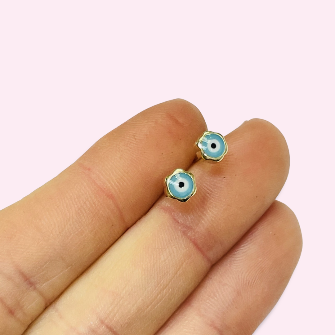 10K Yellow Gold 5mm Teal Blue Evil Eye Stud Earrings