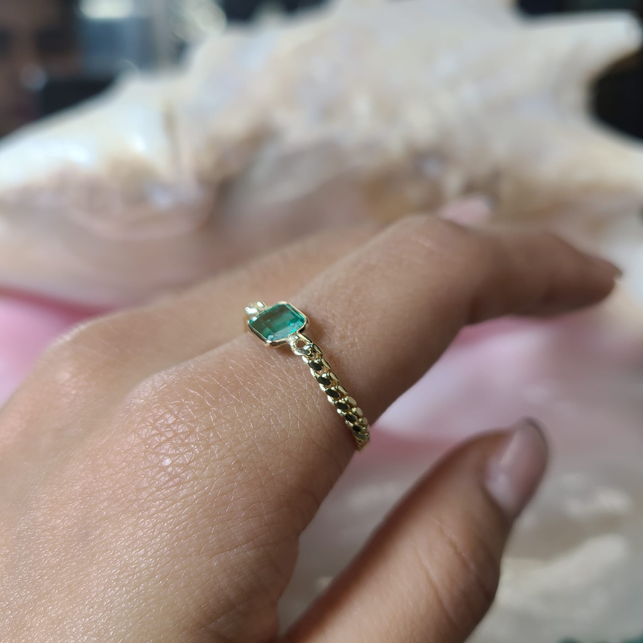 Solid 14K Yellow Gold Natural Square Emerald Cuban Chain Ring Size 7