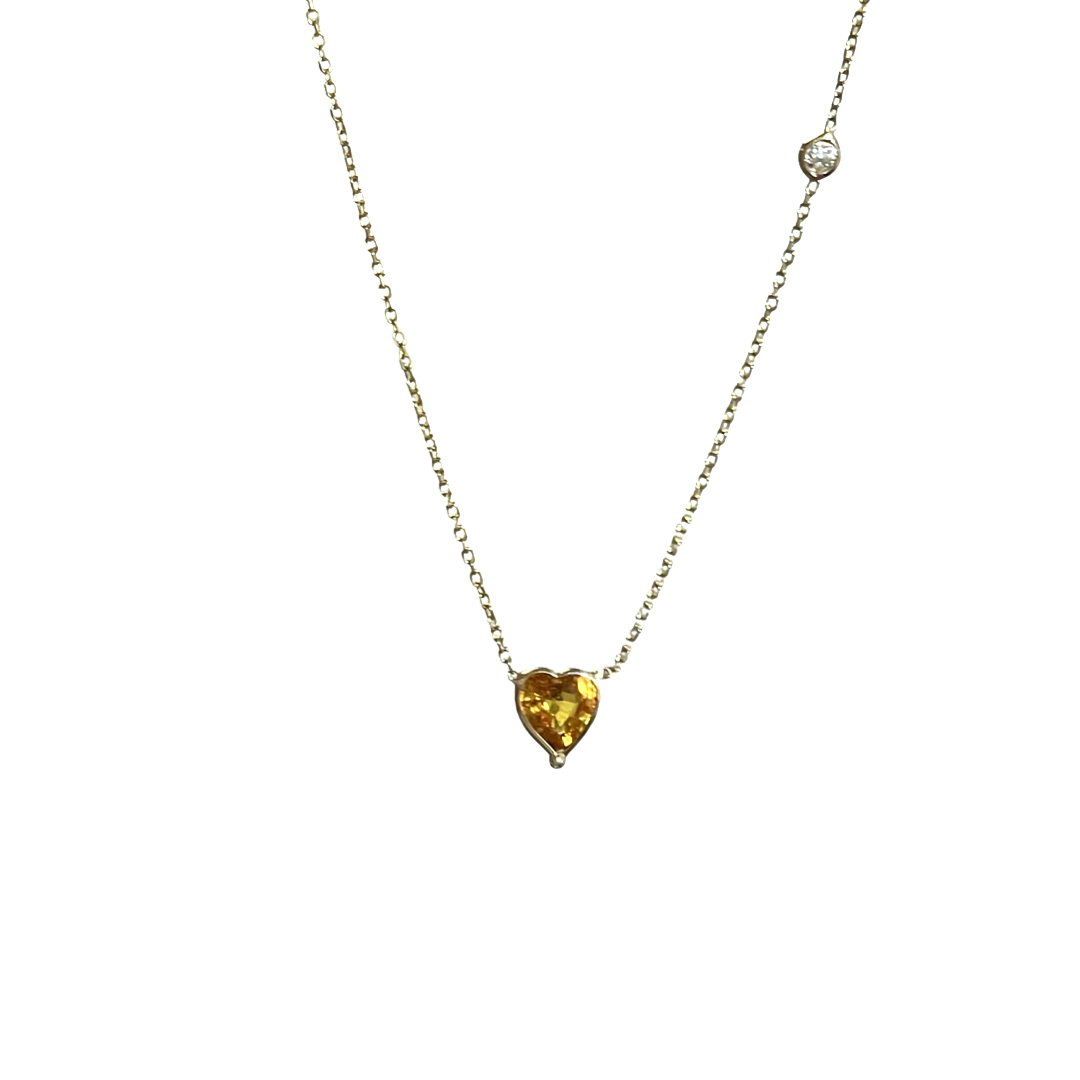 .75CT Orange Sapphire Heart and Diamond 18" 14k Yellow Gold Necklace