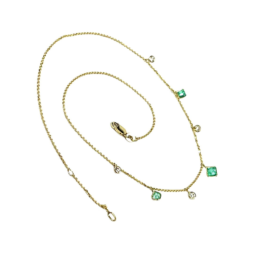Emerald and Diamond 14k Yellow Gold Dangling Necklace