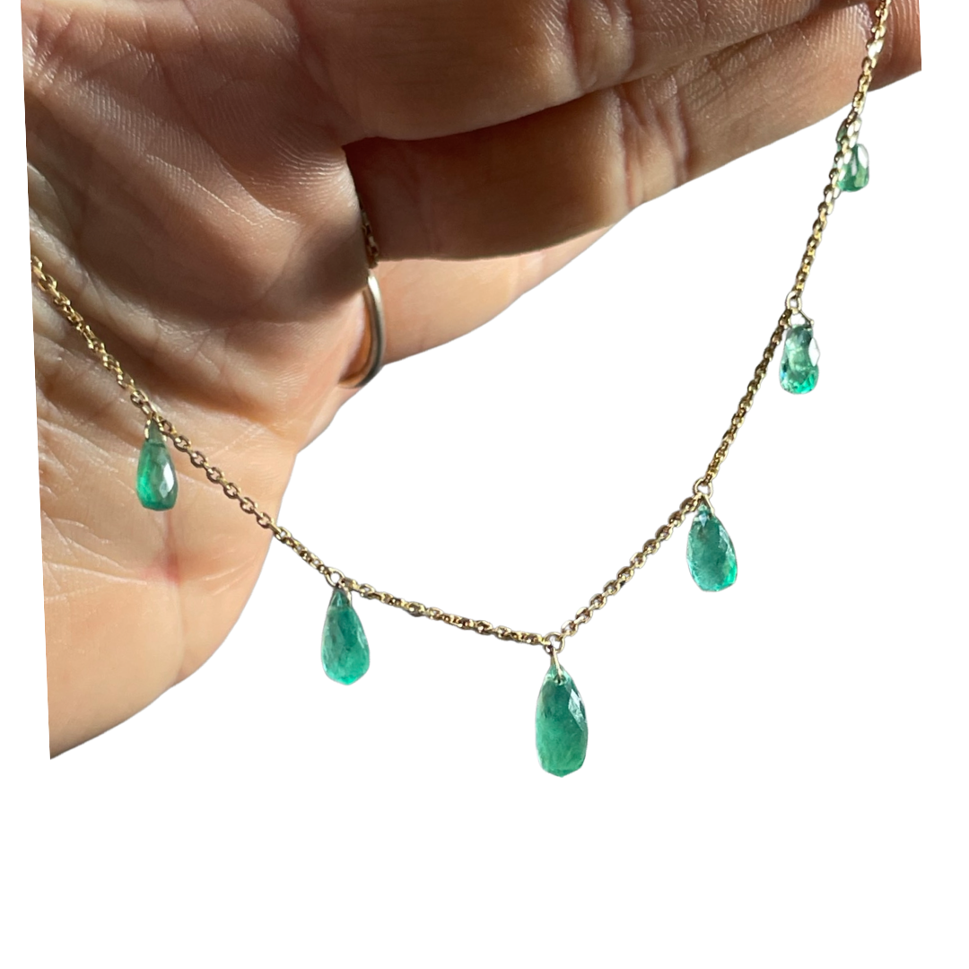 Seven Colombian Emeralds Briolette 16” 14K Yellow Gold Necklace