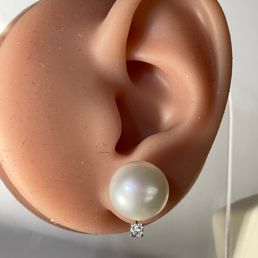 14mm Pearl and .16CT Diamond 14K White Gold Stud Earrings