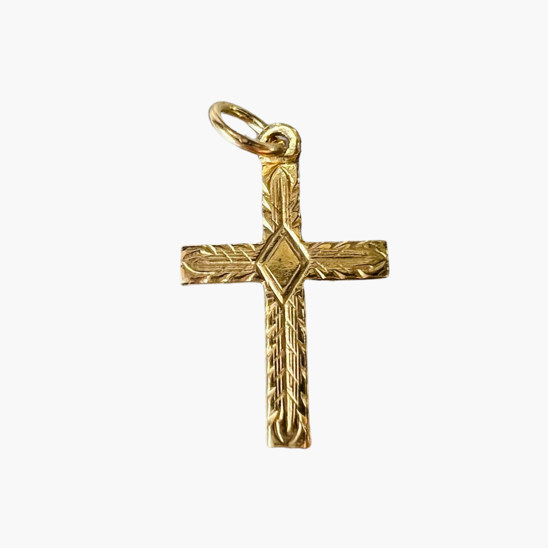 Solid 14K Yellow Gold Textured Engraved Cross Pendant 17x9mm
